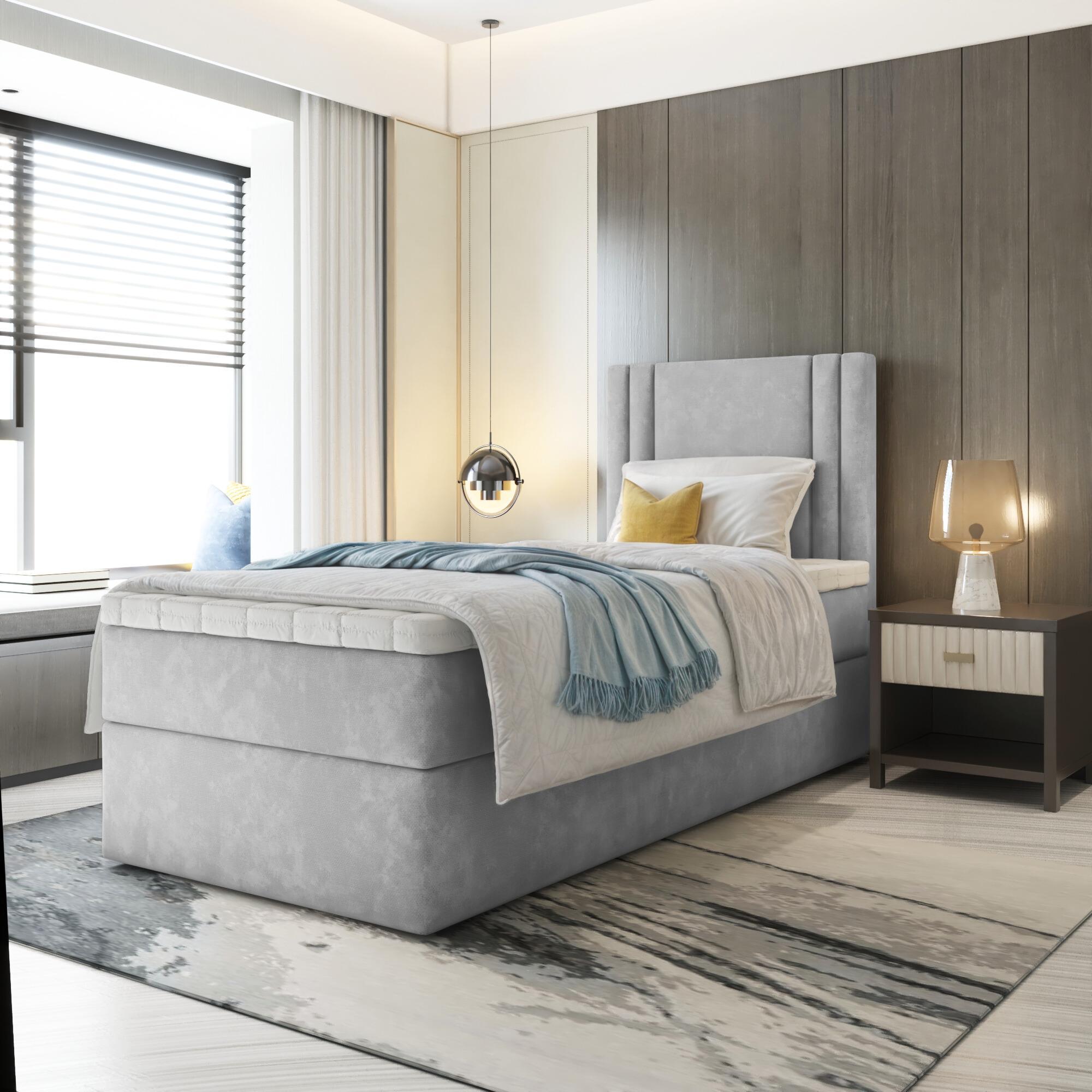 Premium-Moebel Einzebett Lira Mini Boxspringbett mit Bonell-Matratze Bett mit Bettkasten (90x200; Hellgrau Itaka 51, topper VISCO) LI77