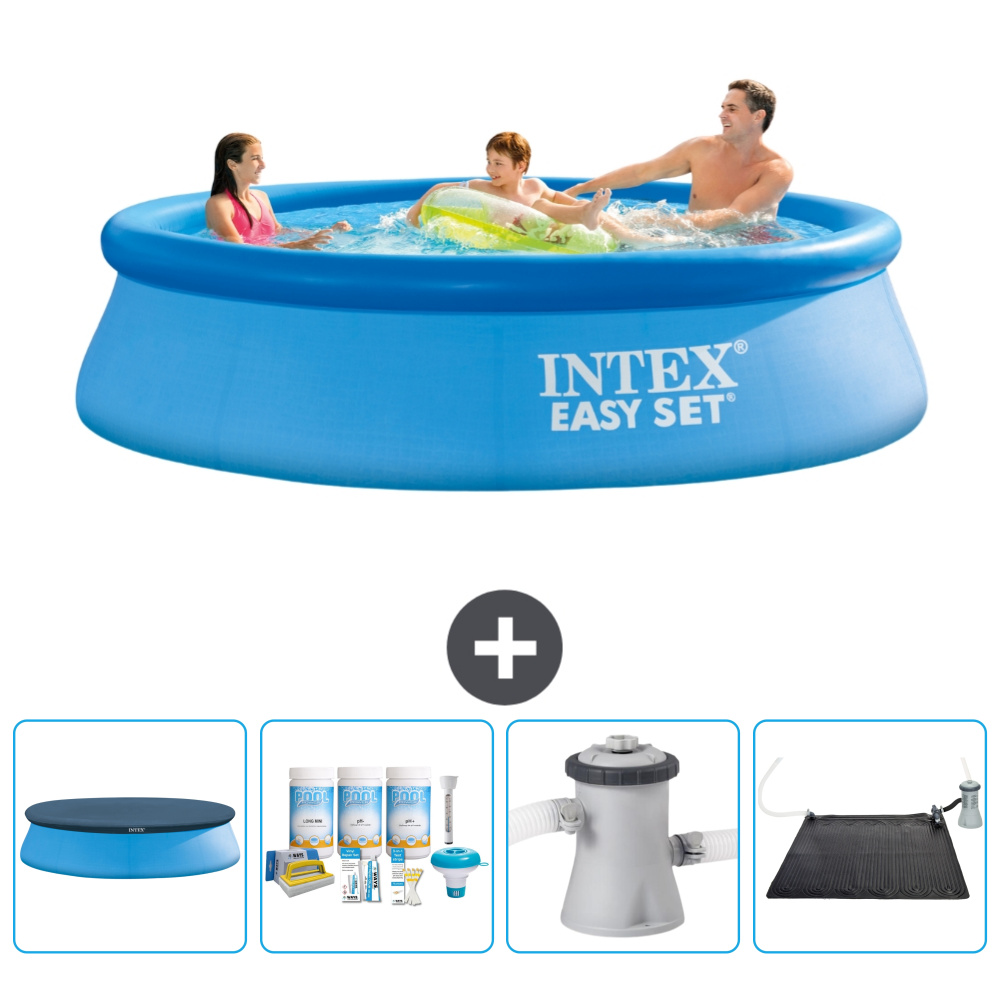 Intex okrúhly nafukovací bazén Easy Set - 305 x 76 cm - modrý - obsahuje kryt - balík na údržbu - filtračné čerpadlo pre bazén - solárna podložka