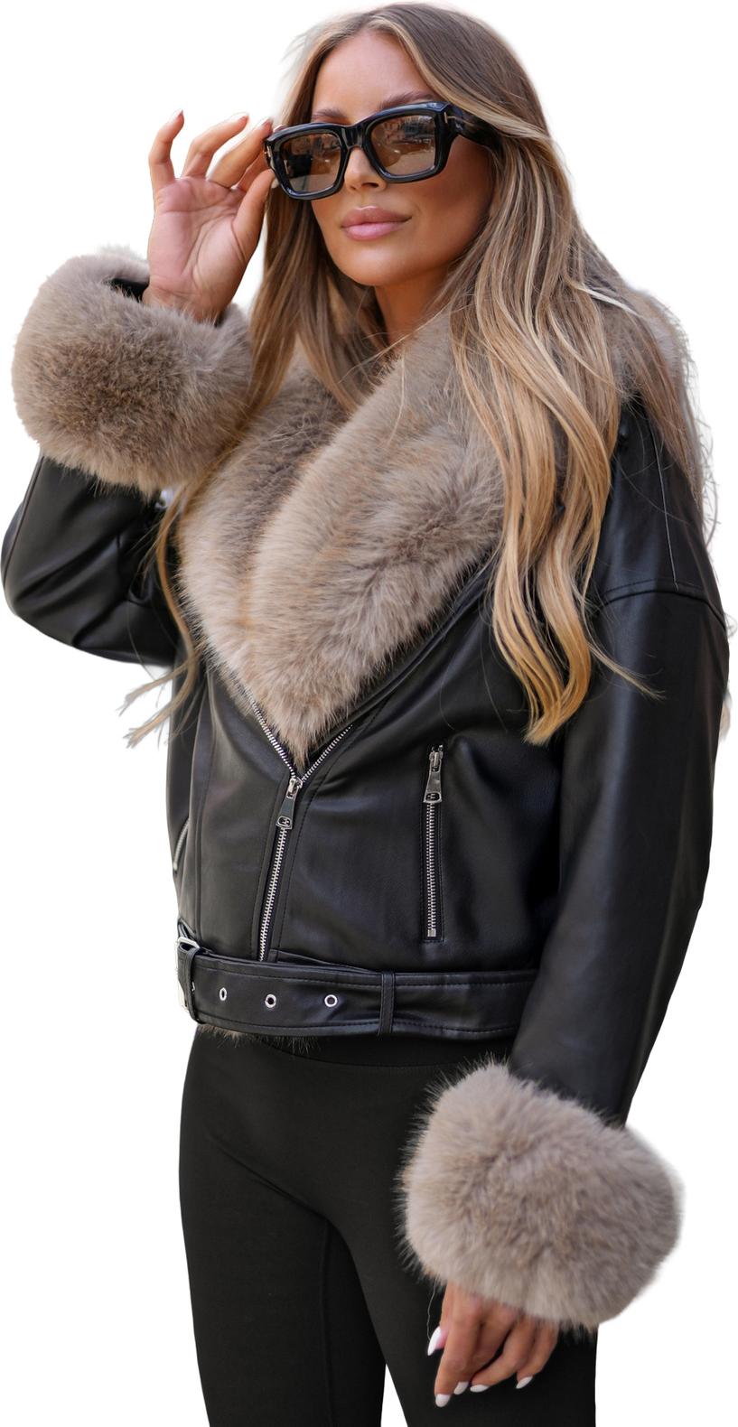 Damen Lederjacke Schwarz-Beige OZONEE JS/61M8510/392B M