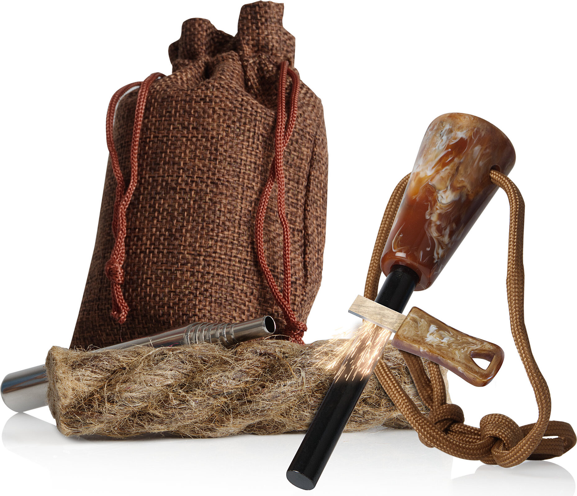 CampFeuer Feuerstahl Set mit Feuerstahl, Paracord-Seil, Blasrohr, Zunder und einem Stoffbeutel