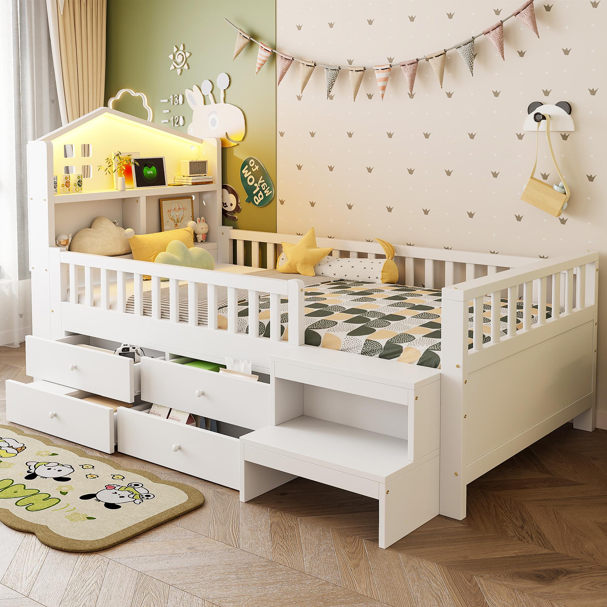 okwish Kinderbett 90x200 Massivholzbett mit Matratze,Jugendbett mit vier Schubladenlager und LED-Leuchten,Bettgestell mit Ladeanschlüssen und Schritten,Weiß