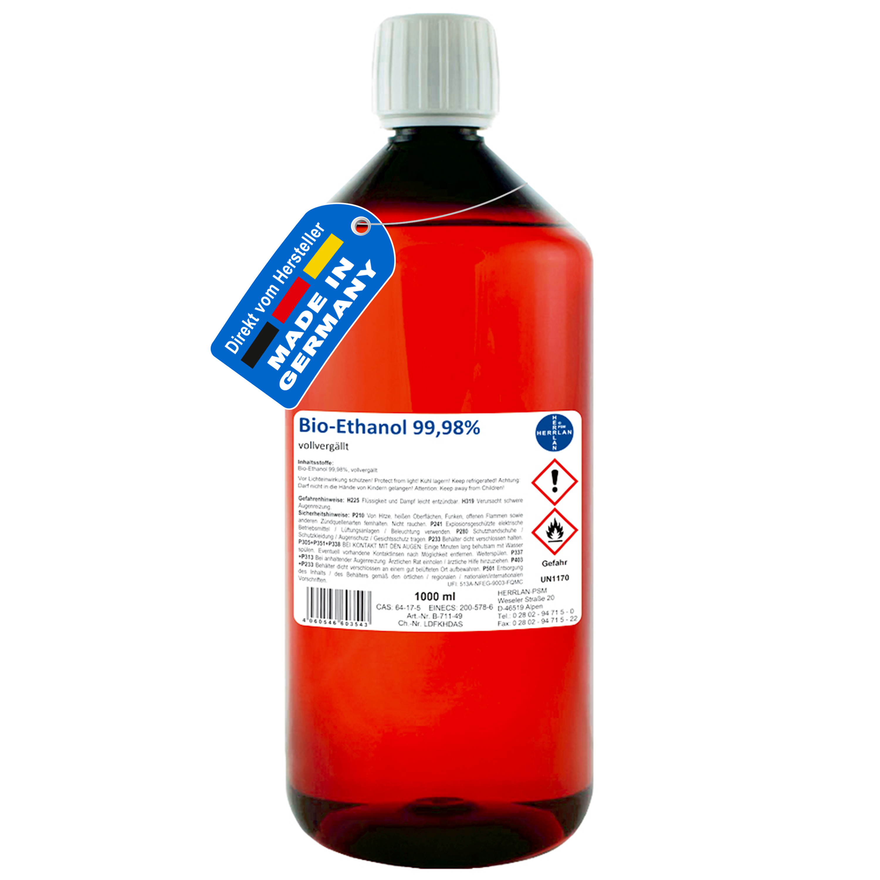 Herrlan-Psm e.K Kamin-Ethanol 99,98% Alkohol-Gehalt, wasserfrei I 1000 ml I Bioethanol B-711-49