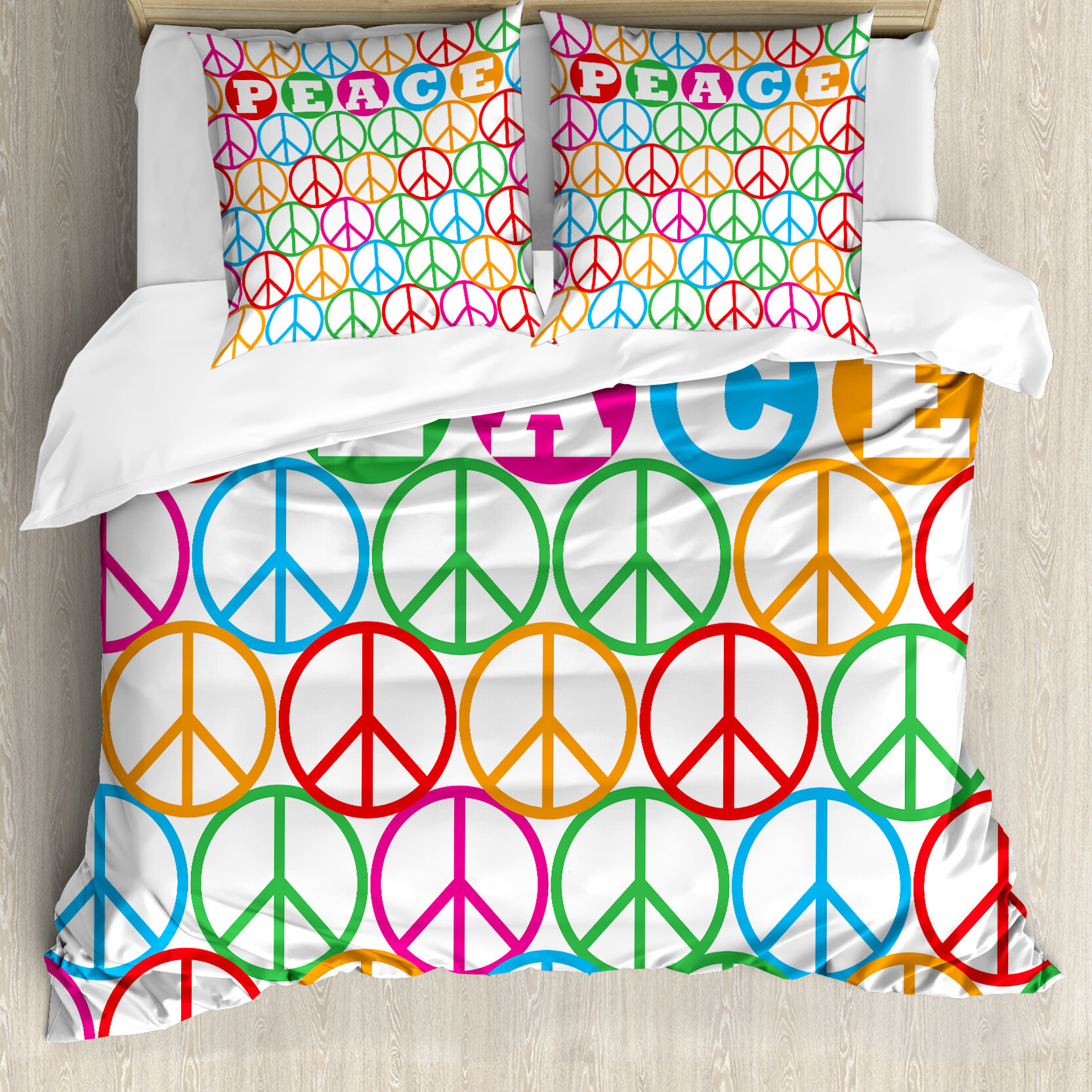 ABAKUHAUS Bunt Bettbezugs Set Für Doppelbetten, Friedenssymbol Buchstaben, Milbensicher Allergiker geeignet mit Kissenbezügen, Multi nevde_15606_200x200_de