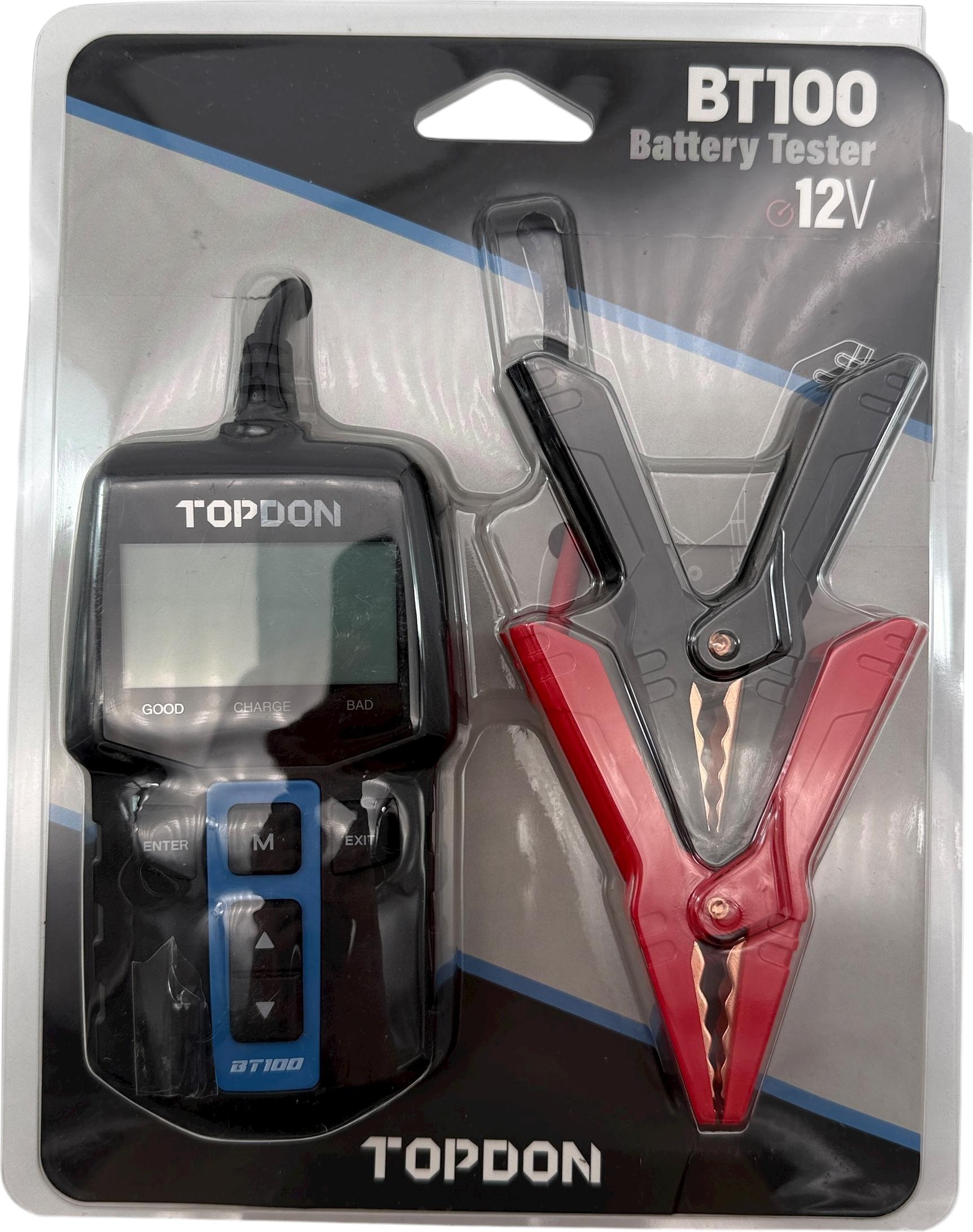 Autobatterie Tester TOPDON BT100-A, BatterieTester KFZ 12V mit 100-2000 CCA Batterietest Kurbeltest Ladesystem Test für Auto ATV SUV PKW-LKW Boot, Schwarz tobatterie Tester 12V 100-2000 CCA BatterieTester
