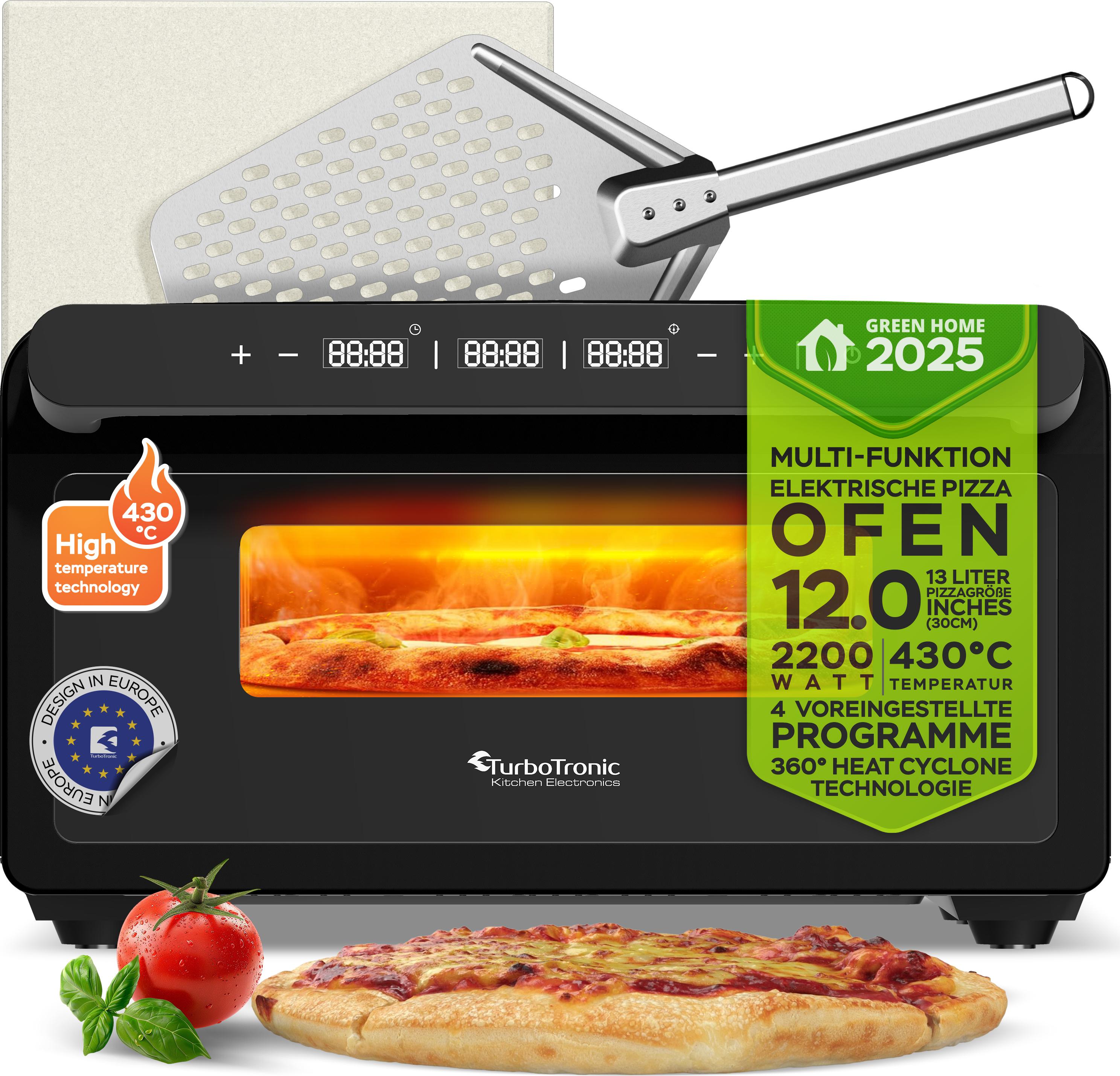 TurboTronic Pizzaofen – PO15 – bis 430 °C, Pizza bis 30 cm in 2 Min., mit Pizzastein & Pizzaschieber, Edelstahl, Schnellaufheizung, für Pizza, Steak & Lahmacun schwarz TT-PO15-schwarz