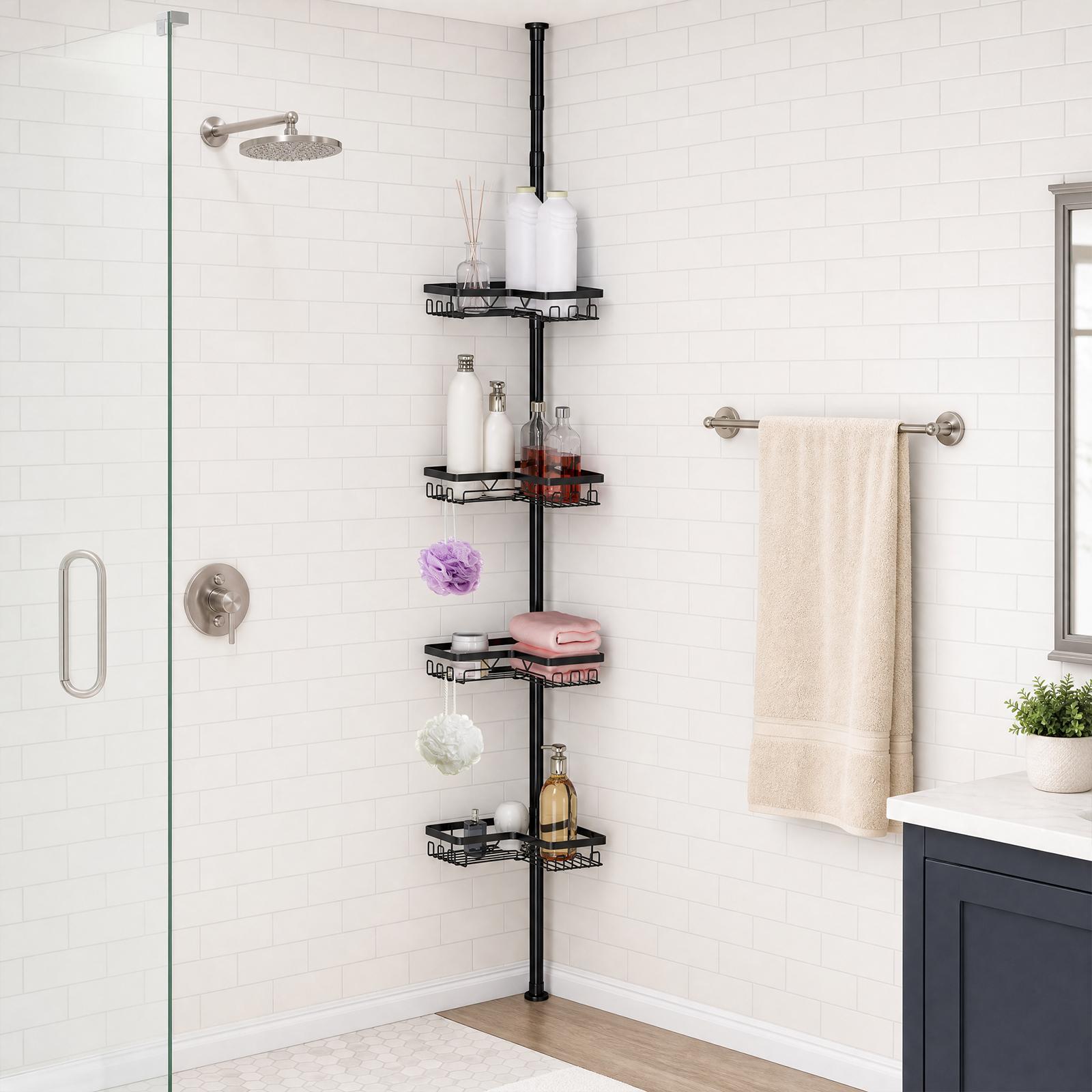 Teleskop Ecke-Duschablage ohne Bohren,4-Stufiges Metall Regal Teleskopregal,Badezimmer Organizer für Bad und Badewanne,Höhenverstellbar 60-305cm