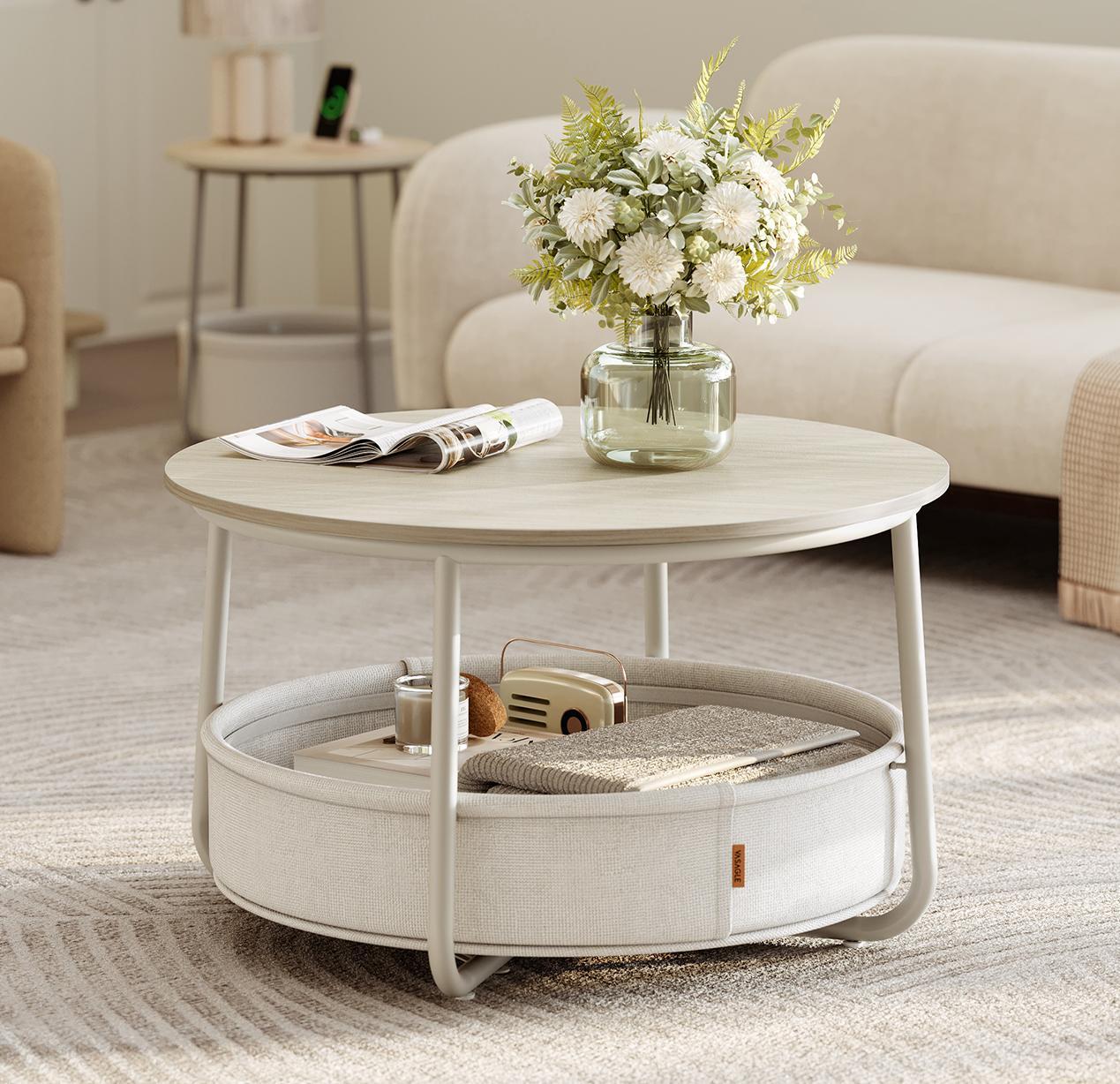 VASAGLE Couchtisch rund, Beistelltisch mit Stauraum, Wohnzimmertisch mit Korb aus Stoff LCTDE244K01