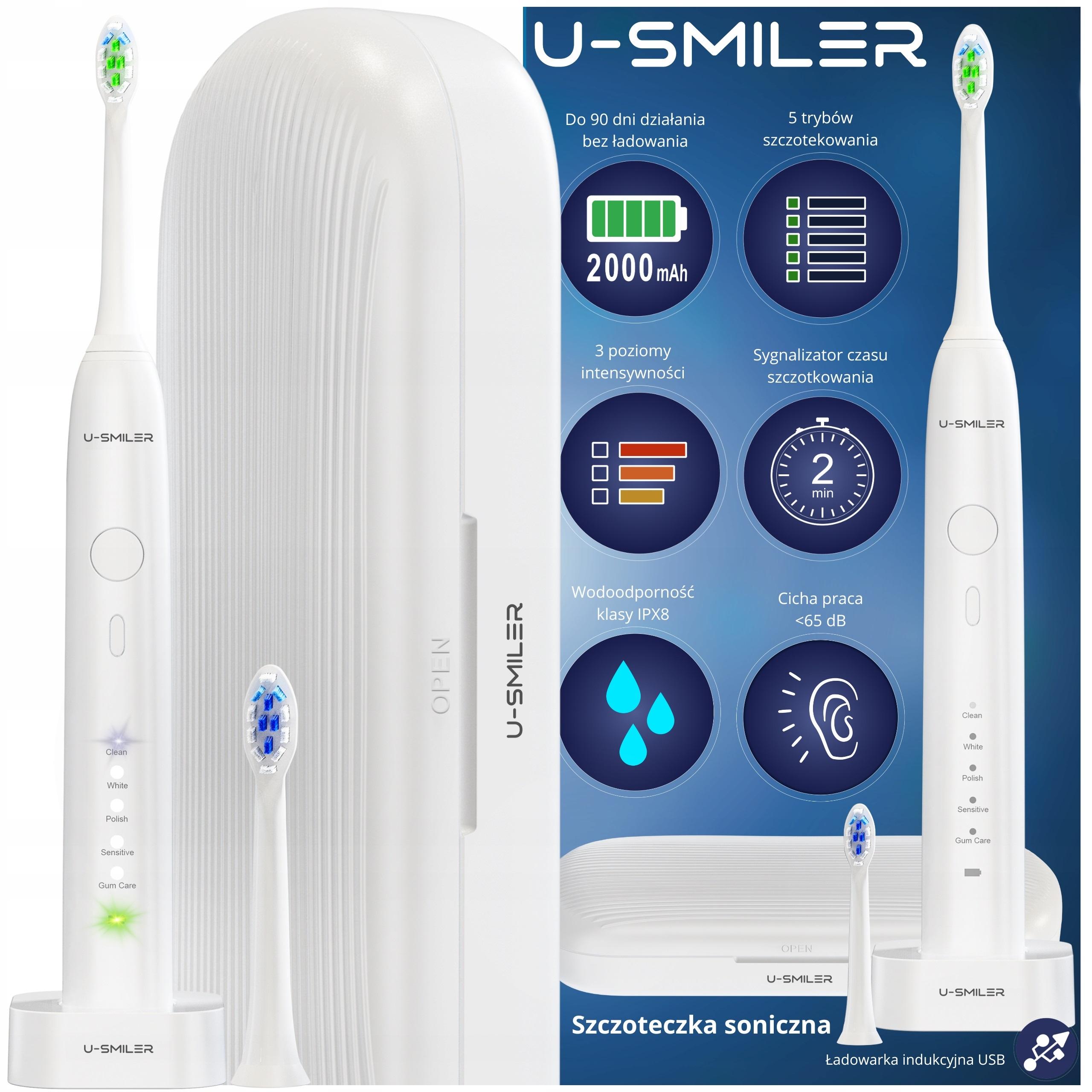 U-SMILER Sonická zubná kefka Sonická elektrická zubná kefka 5 režimov 3 intenzity 4 nástavce Vodotesná IPX8 2000mAh batéria 90 dní prevádzky Cestovné puzdro