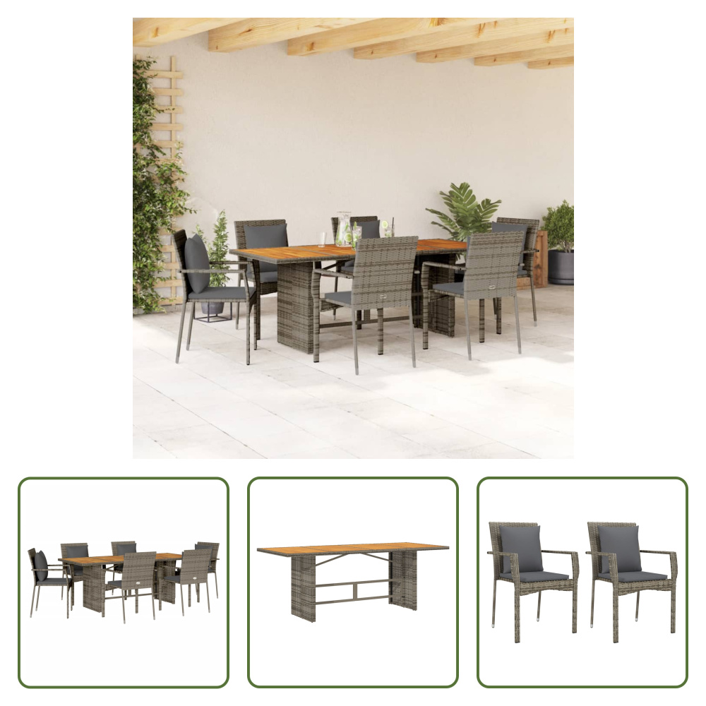 The Living Store 7-dielny záhradný jedálenský set s vankúšmi sivý polyratan