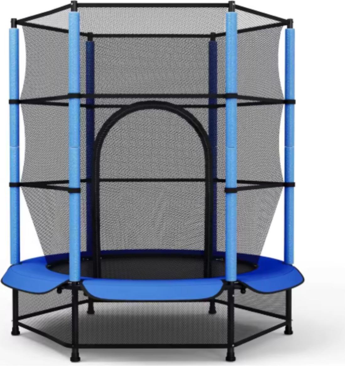 Detská trampolína 140 cm - S bezpečnostnou sieťou a dverami na zips - Mini trampolína do interiéru aj exteriéru - Modrá - Max. 45 kg