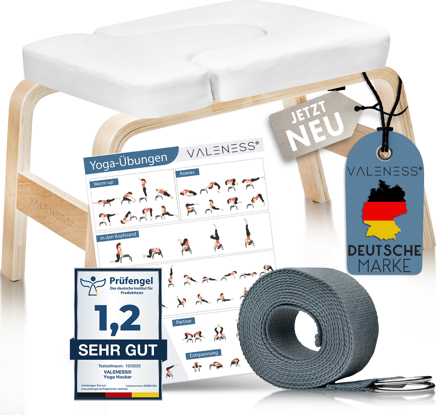 VALENESS® Yoga Kopfstandhocker - Hochwertiger Yoga Hocker inkl. Yogagurt, Yogablock & Übungsposter - Yoga Stuhl zur Handstand-Übung aus Naturholz