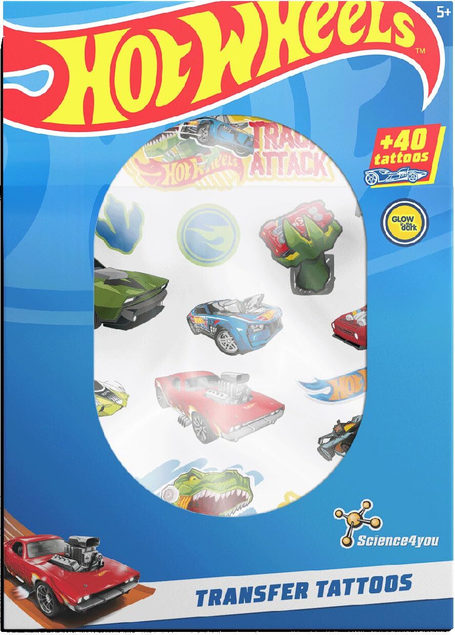 Science4you Temporäre Tattoos Hot Wheels – 40 Hot Wheels Sticks, Temporäre Tattoos Party für Kinder, Partygeschenk für Jungen & Mädchen im Alter von 5 6 7 8 9+