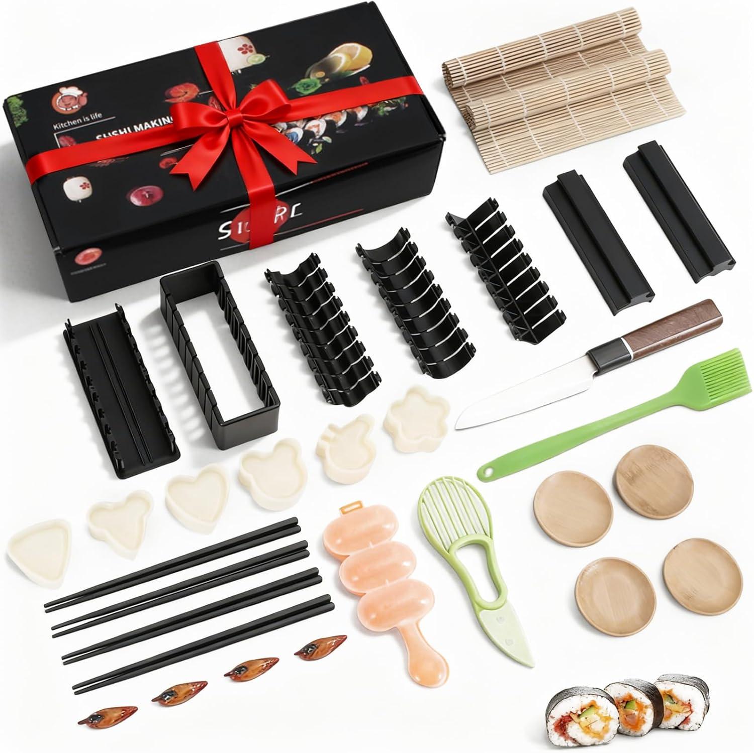 Markenlos Sushi Maker Set 33-tlg. Sushi-Set für Anfänger inkl. Sushi-Roller, Sushi-Schneideform, Reisball-Form, Onigiri-Presse, Messer, Sushi-Matten, Reis-Schaufel, Spachtel, Stäbchen