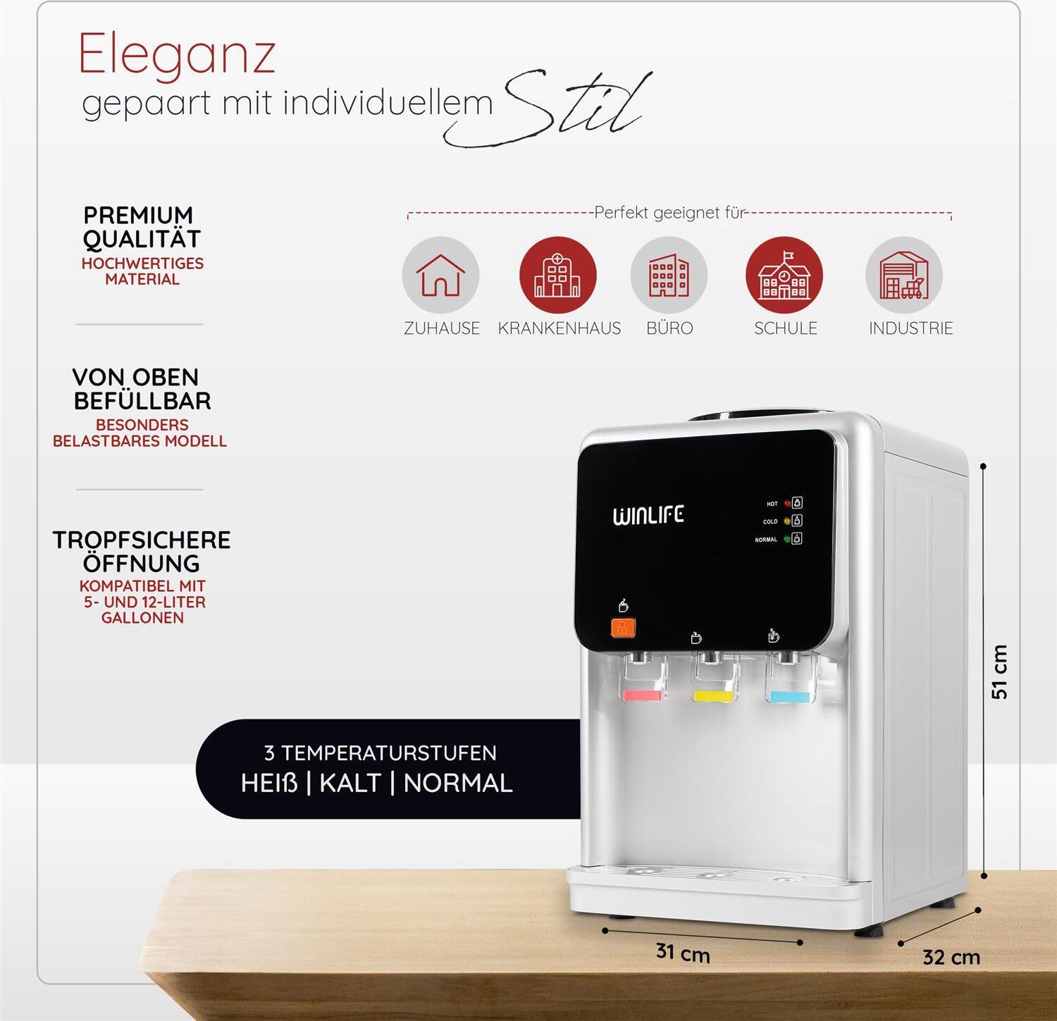 WINLIFE® Elektrischer Wasserspender Mini Silber Wasserspendergerät mit Kindersicherung Knopf, Trinkwasserspender für heiße & kalte Getränke 5 bis 20 L