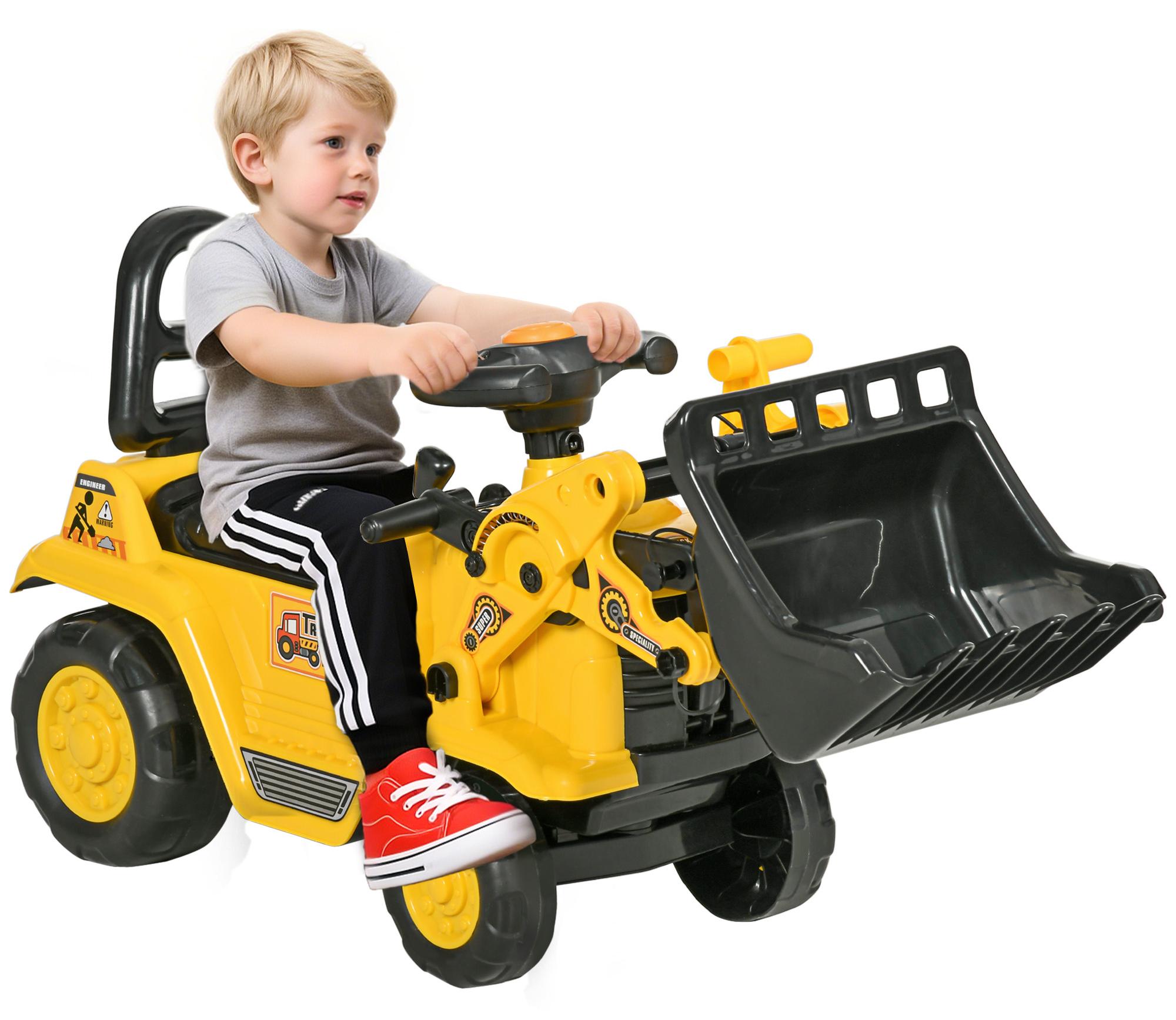 SUGIFT Sitzbagger für Kinder Gelb - Aufsitzbagger mit beweglicher Schaufel & Stauraum - Spielzeugbagger Rutschauto bis 30kg - 80 x 26,5 x 39 cm