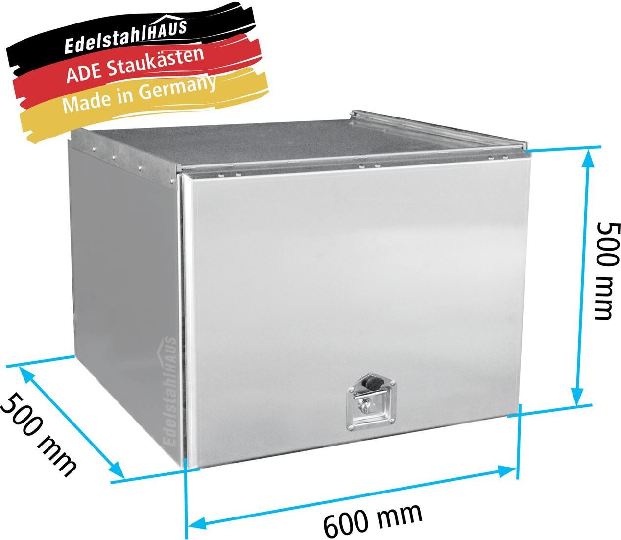 Edelstahlhaus ADE Schubdeckelkasten Edelstahl 600 x 500 x 500 mm, Werkzeugkasten, Staukasten, Staubox, Unterflurbox W4V15N060-50-50