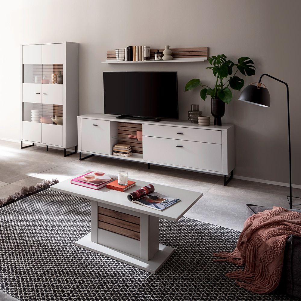 Lomadox Wohnmöbel Set weiß mit Eiche-Lamellen LAUREANA-05 4-teilig LA05-LAUREANA-05-SET23