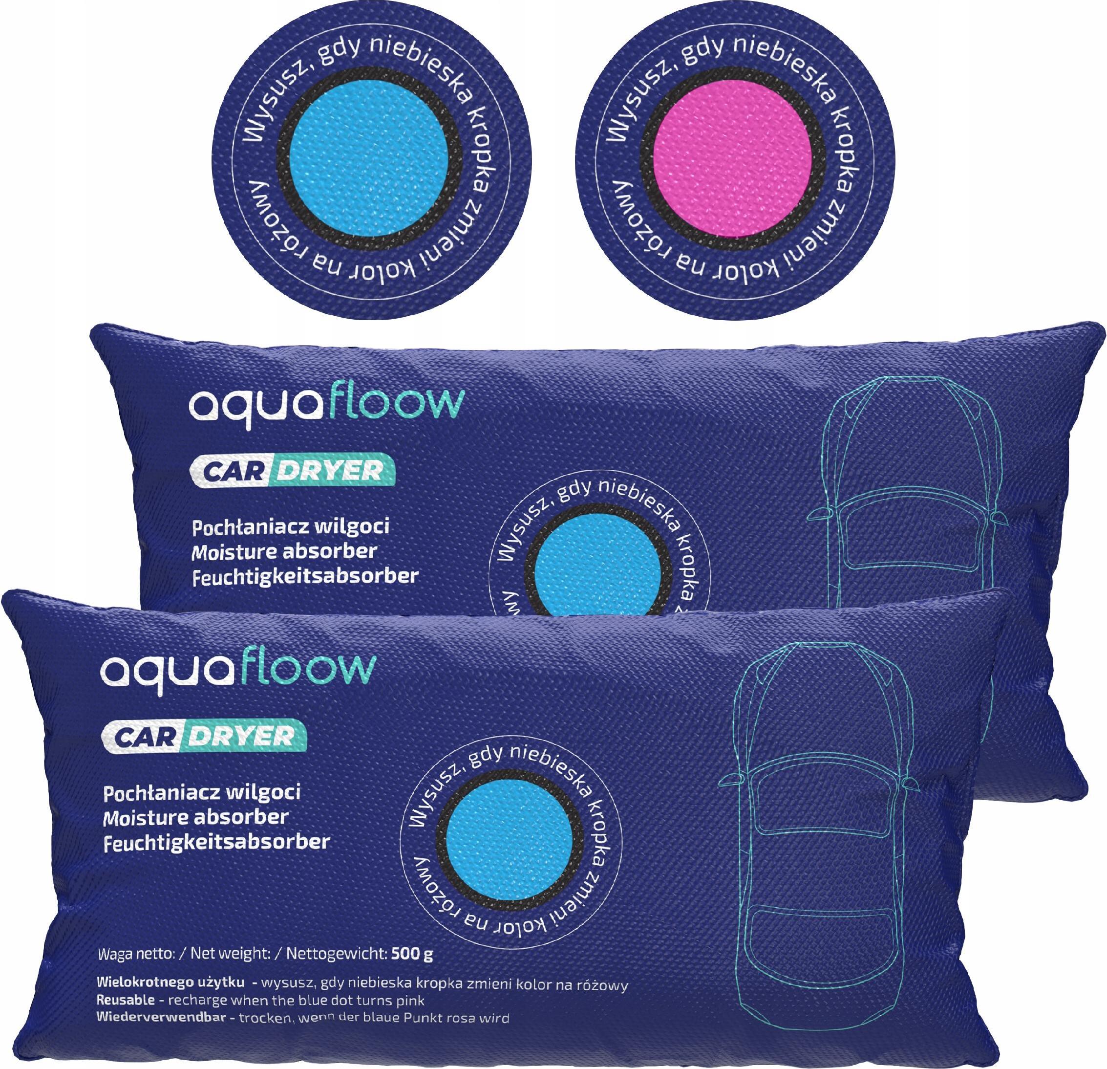 Aquafloow 2 Stück 500g Autofeuchtigkeitsabsorber mit Indikator - Wiederverwendbar, Siliziumdioxid 2_AF63-500