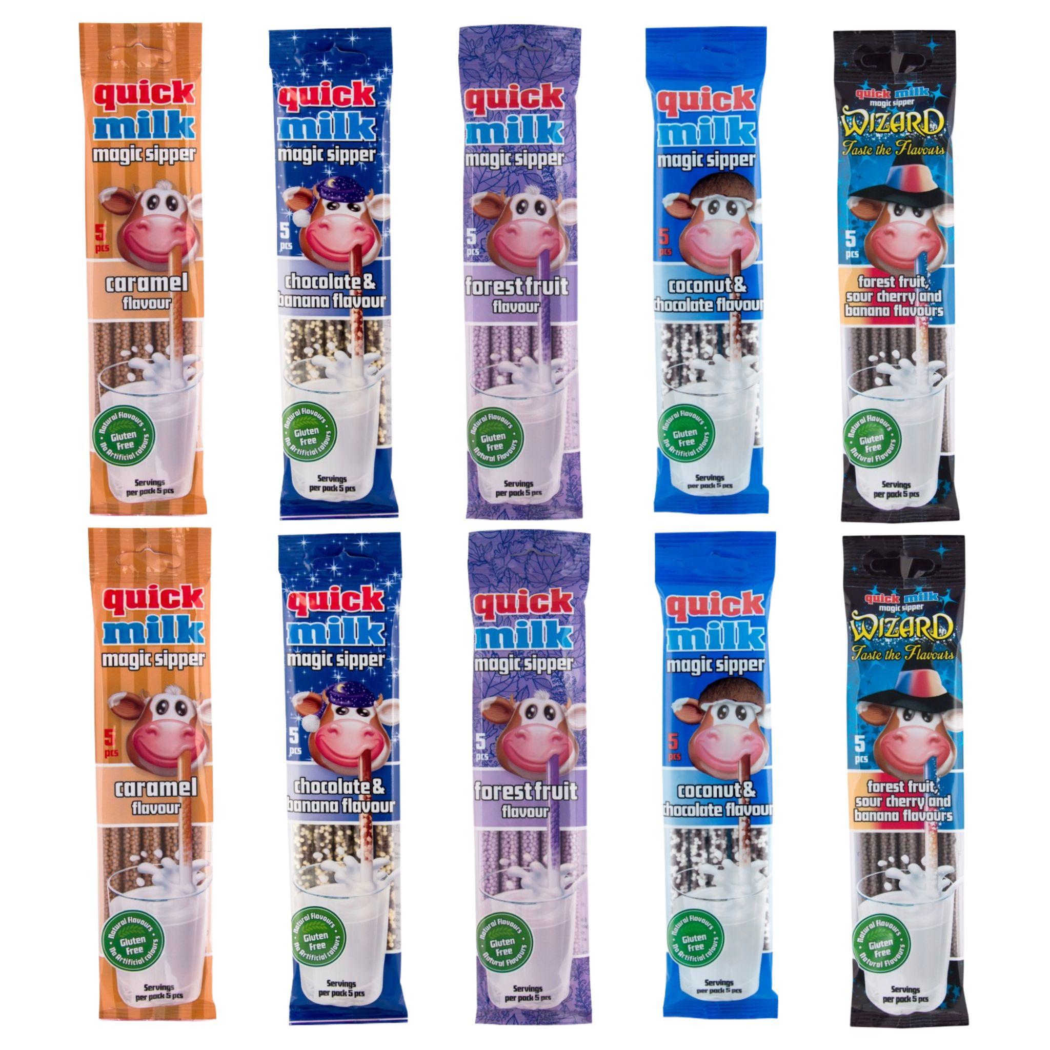 Felföldi Edesseggyarto Kft QUICK MILK - 5 Geschmackssorten Trinkhalme für Milch - 10 Stück (50 Halme) - 300 g