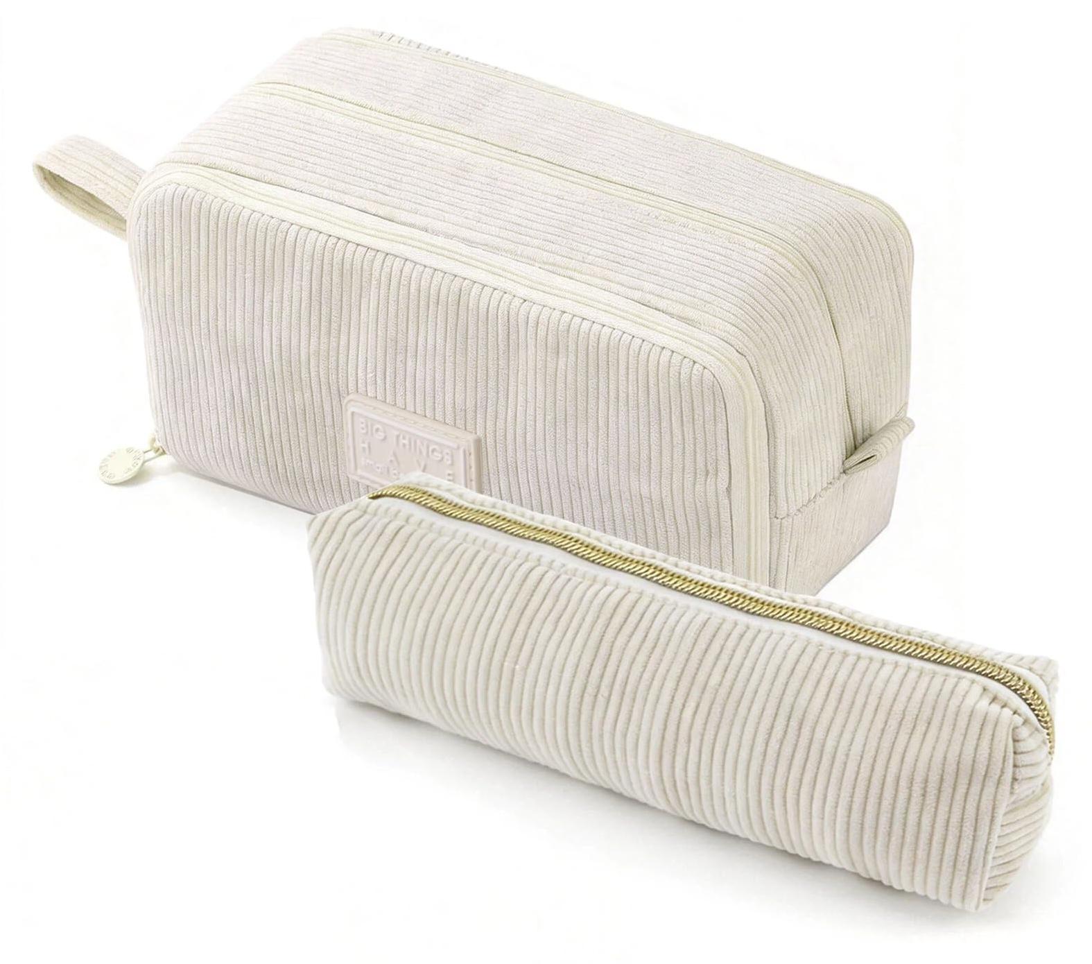 Markenlos Set aus 2 Cord-Etuis, große/kleine Etuis mit 3 Fächern, Federmäppchen, Stiftehalter für Schule, Büro, Teenager (beige)