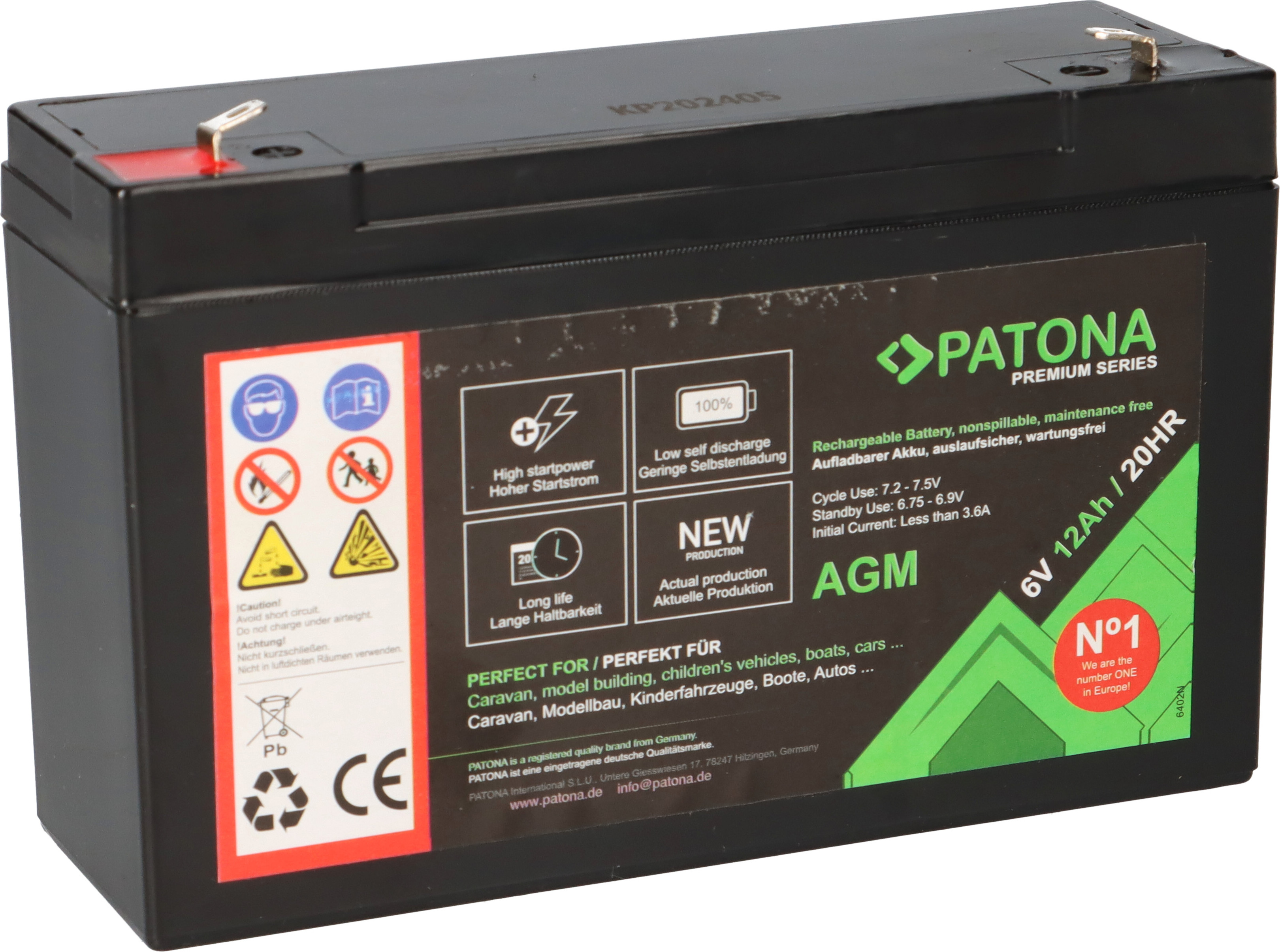 PATONA Premium AGM Blei Akku 6V 12Ah 20HR 1800 Zyklen 9337