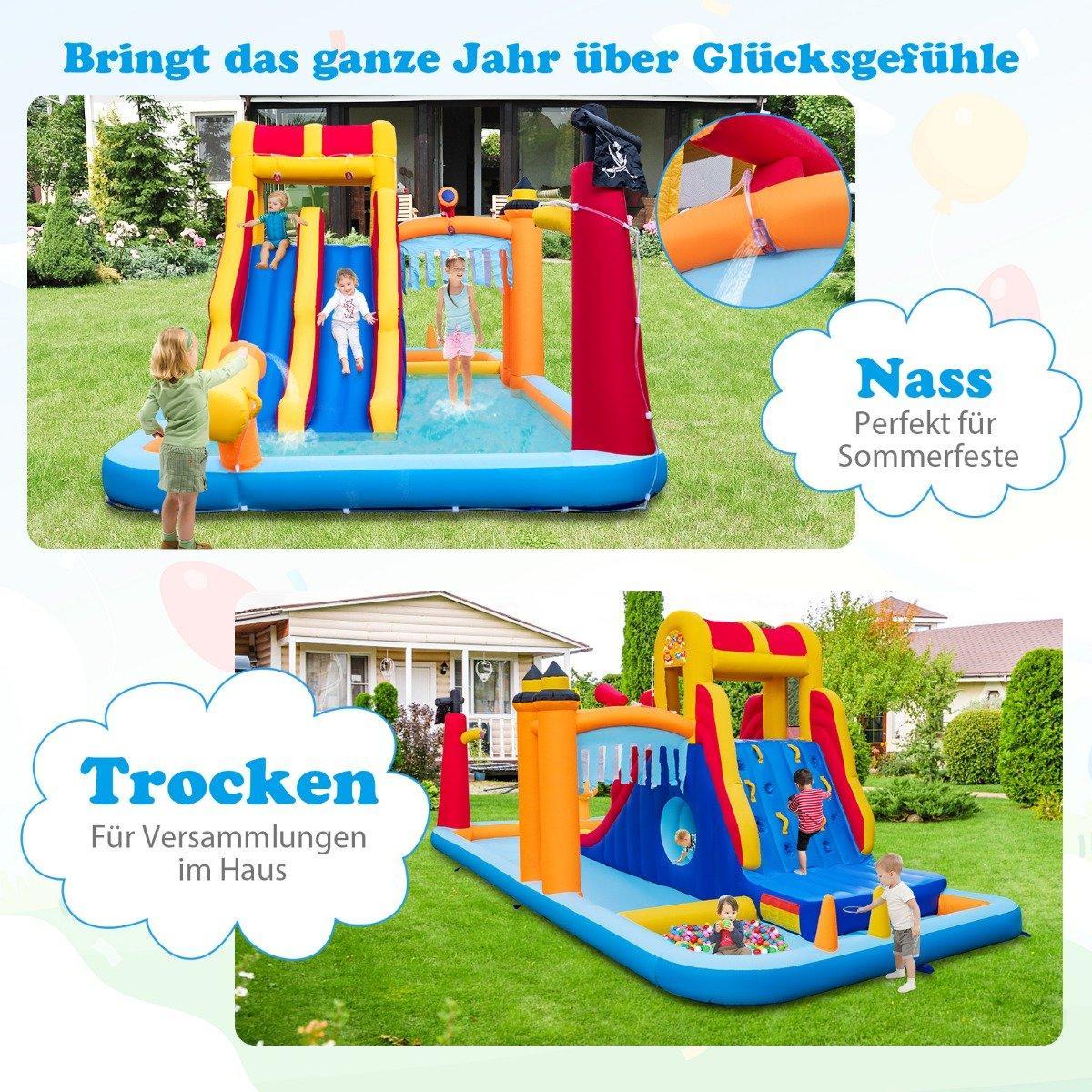 Northix Hüpfburg mit Zwei Rutschen Kletterwand Kriechhöhle Wasserkanone & Planschbecke 693 x 295 x 263 cm