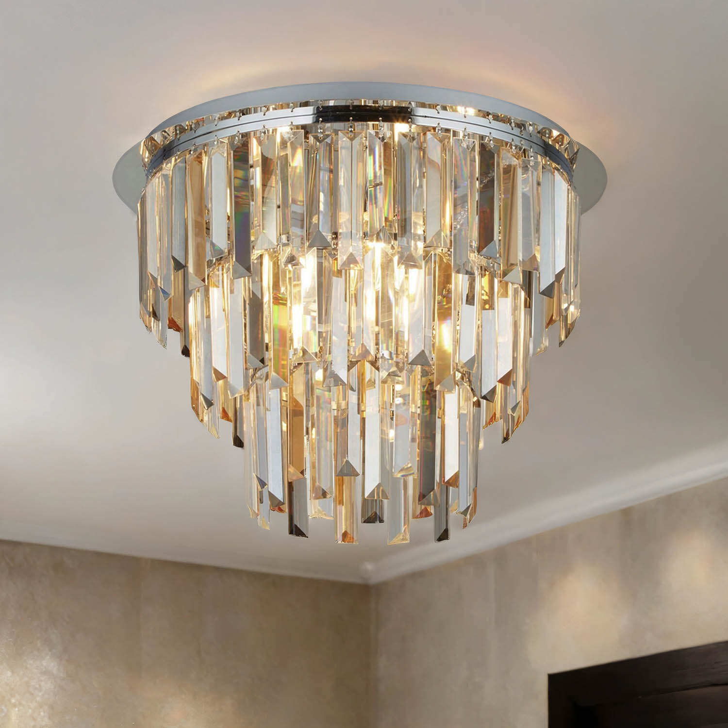 Deckenlampe Metall Rauchglas rund D: 45 cm Chrom Rauchgrau Bernstein E14 Art Déco Kristall