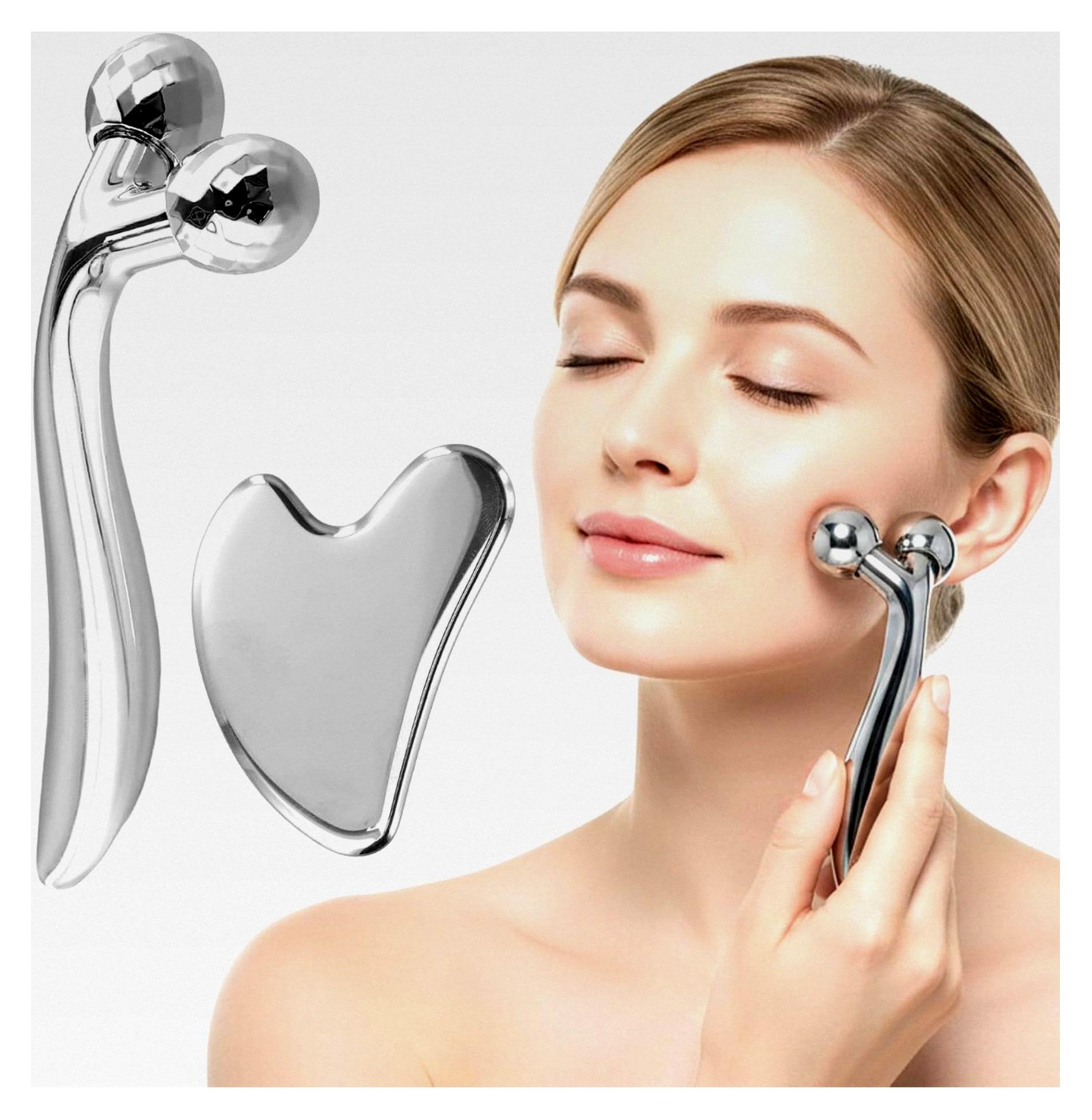 Markenlos Edelstahl Gua Sha und Gesichtsroller, 3D-Gesichtsmassagegerät, 2 in 1 Massage-Set für Gesichts- und Körperpflege, 3D Gesichtsroller zur Faltenreduzierung und Muskelentspannung
