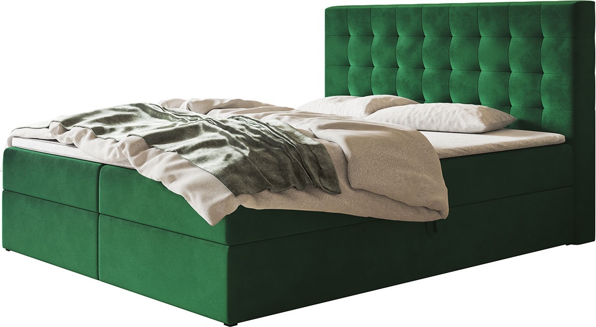 Skriňová posteľ RIO s 2 zásuvkami, čalúnená posteľ, rozmery: 140x200, farba: zelená, velúrová látka, manželská posteľ s matracom Bonell
