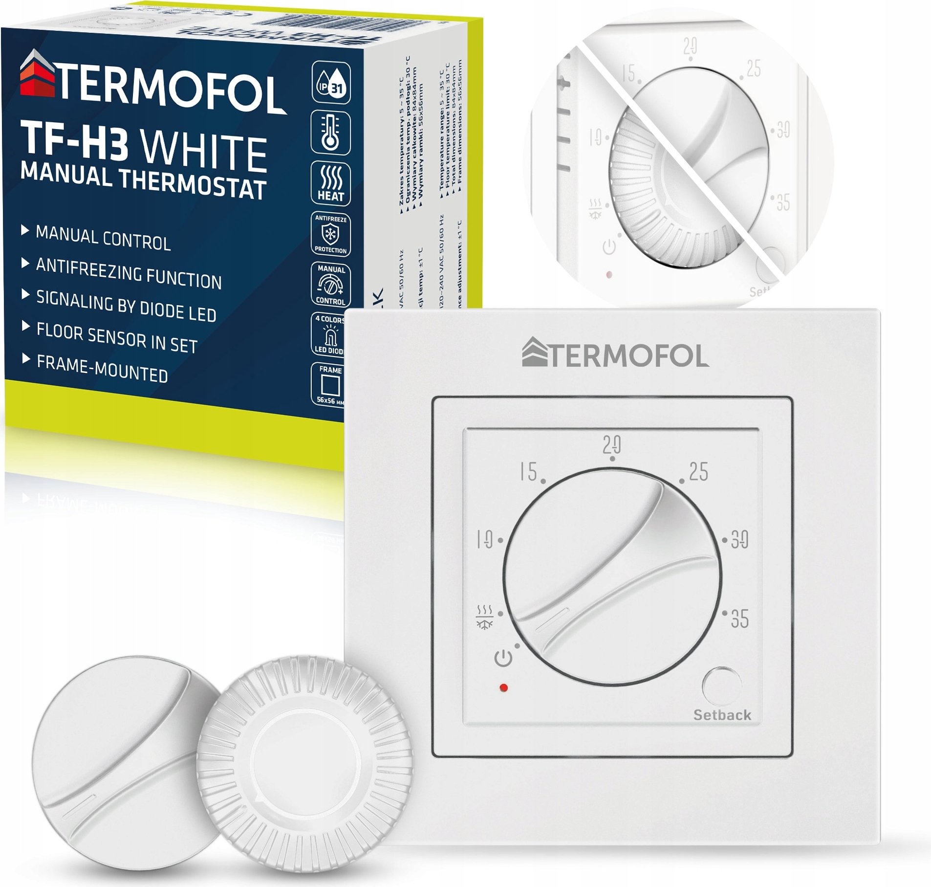 Termofol Heizungsthermostat, Heizkörperthermostat IP21, Thermostat für Heizfolie Fußbodenheizung, TF-H3 Weiß
