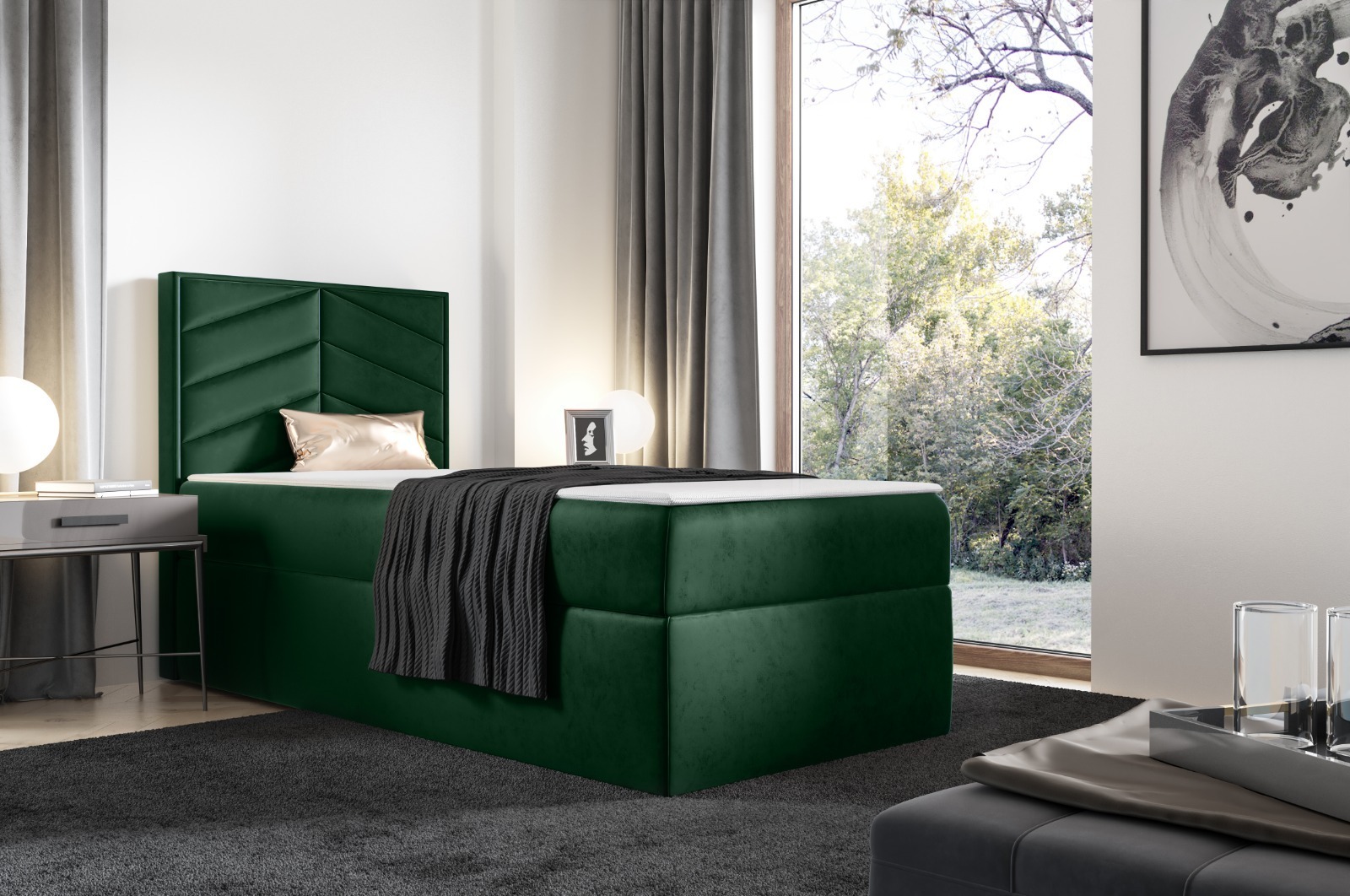 Box spring posteľ PEDRO s 1 posteľným roštom, čalúnená posteľ, rozmery: 70 x 200 cm, farba: zelená, velúrová látka, jednolôžko s matracom Bonell vrátane toppera
