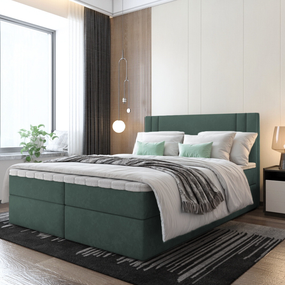 Bett Boxspringbett BEST, OHNE Topper mit Bettkästen - Doppelbett, Stauraum, Schlafzimmer, Polsterbett, Bettgestell (160x200, Grün - ITAKA 10)
