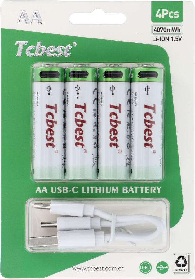 TCBEST dobíjacia batéria R6 (AA) 2713 mAh s konektorom typu C + kábel USB A na 4 x typ C 4 ks