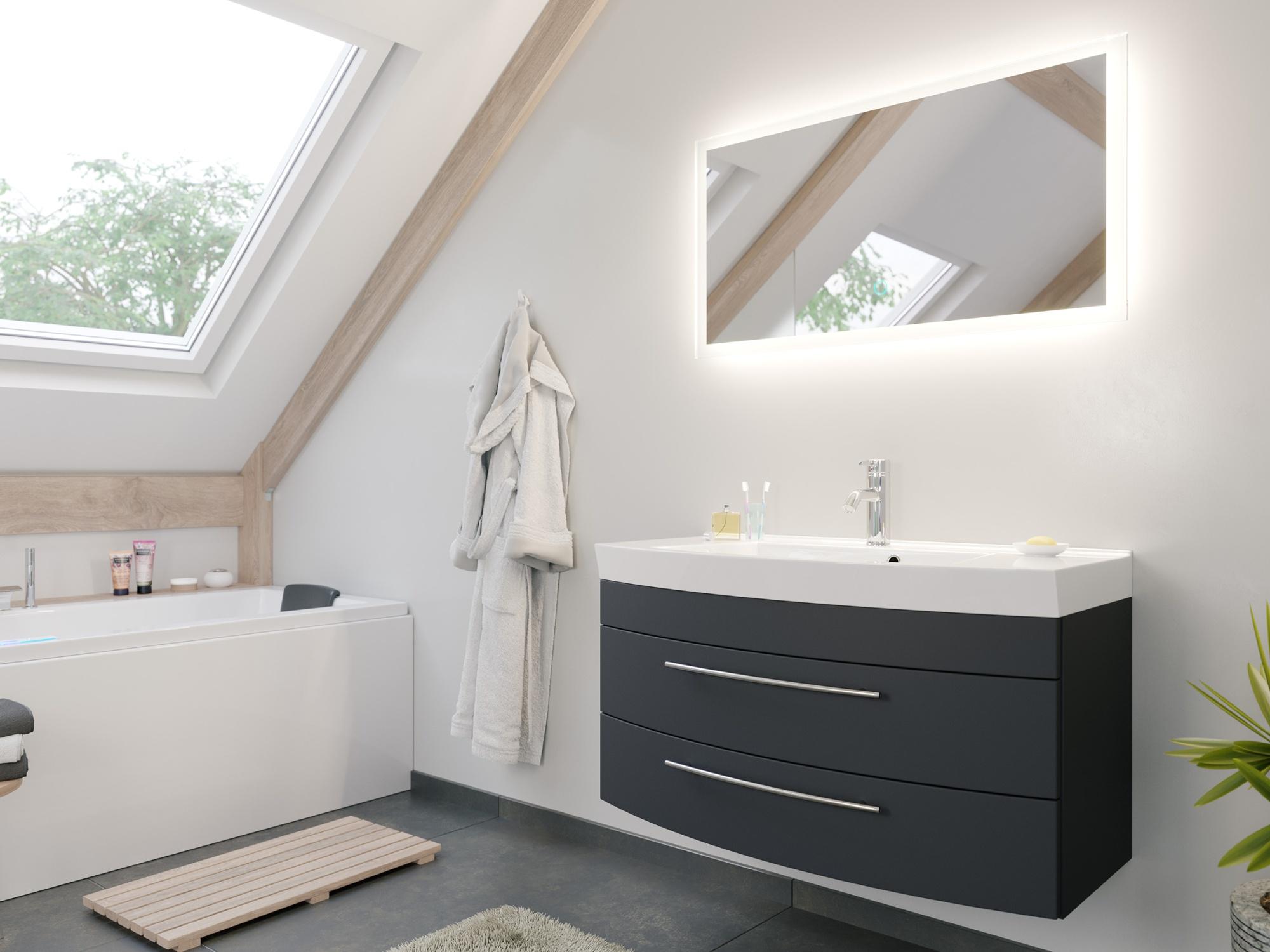 Magnolia Home Badmöbel Bella 100 mit runder Front SoftClose lackiert grafit matt LED Spiegel : Grafit / Grafit matt Varianten: Grafit / Grafit matt BELLALED100000912DE