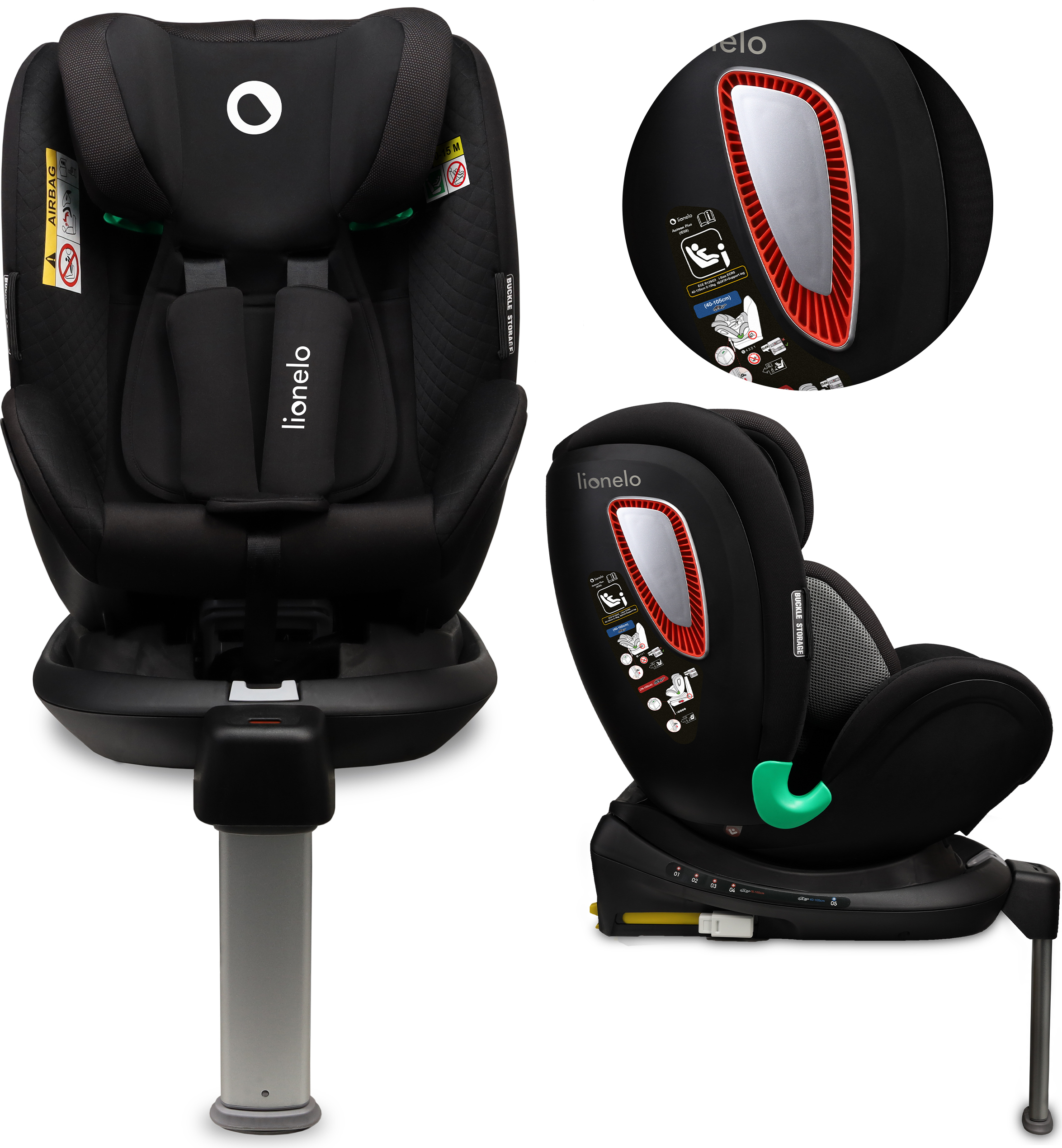 lionelo detská autosedačka ANTOON PLUS, od narodenia, do 3 rokov, od 0 kg, do 18 kg, (nastaviteľná), I-Size ISOFIX 360° naklápacia poloha 0 až Black Onyx