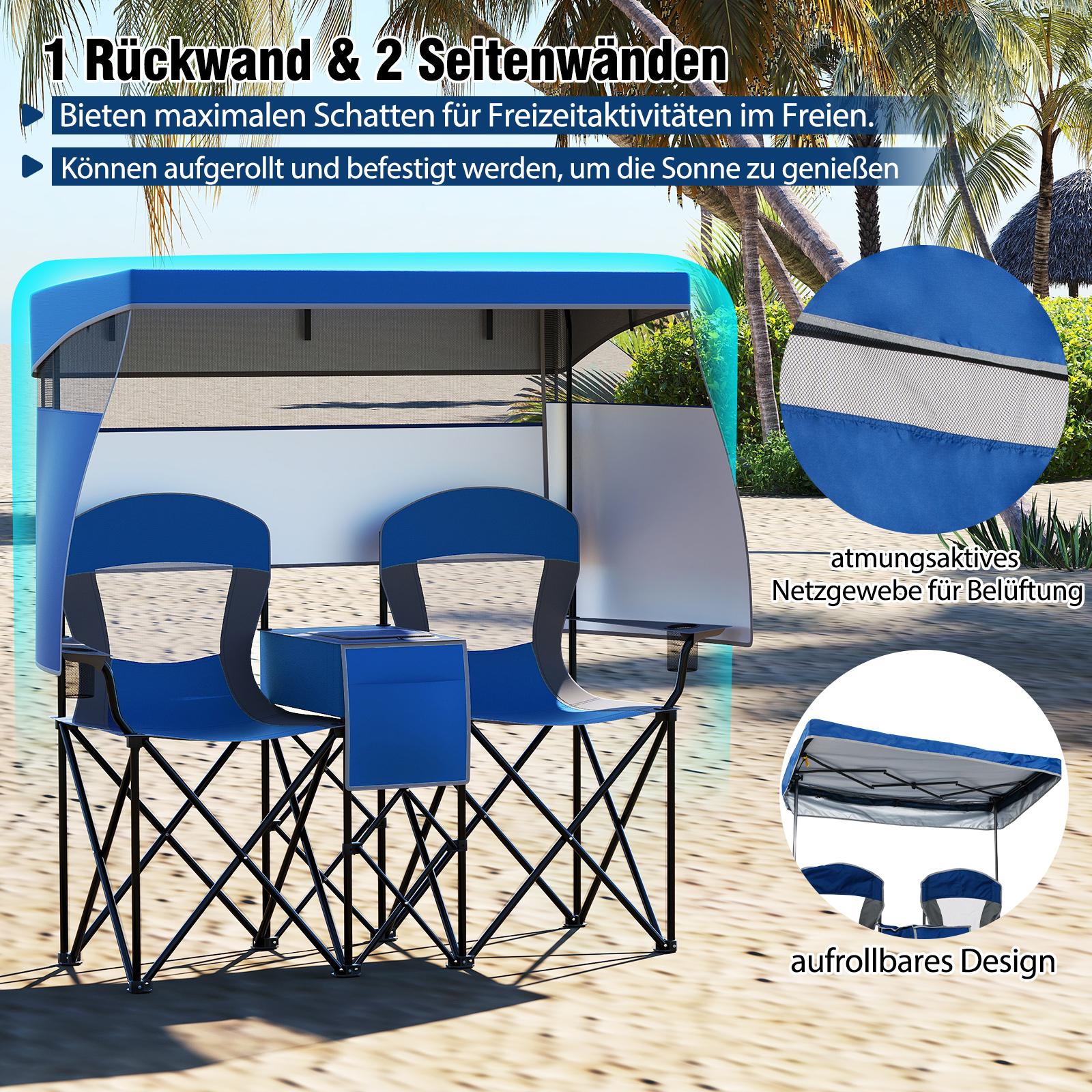 Dvojité kempingové lehátko s nastaviteľnou strieškou, prenosné plážové lehátko s roletami, chladiacou taškou, vreckami, držiakom na pohár, taškou na prenášanie, námornícka modrá