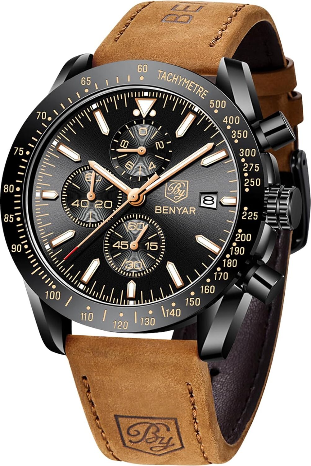 BENYAR für Männer, Lederarmband, Herrenmode Business Sport Design, 30M Wasserdicht Elegantes Chronograph Analog Quarz