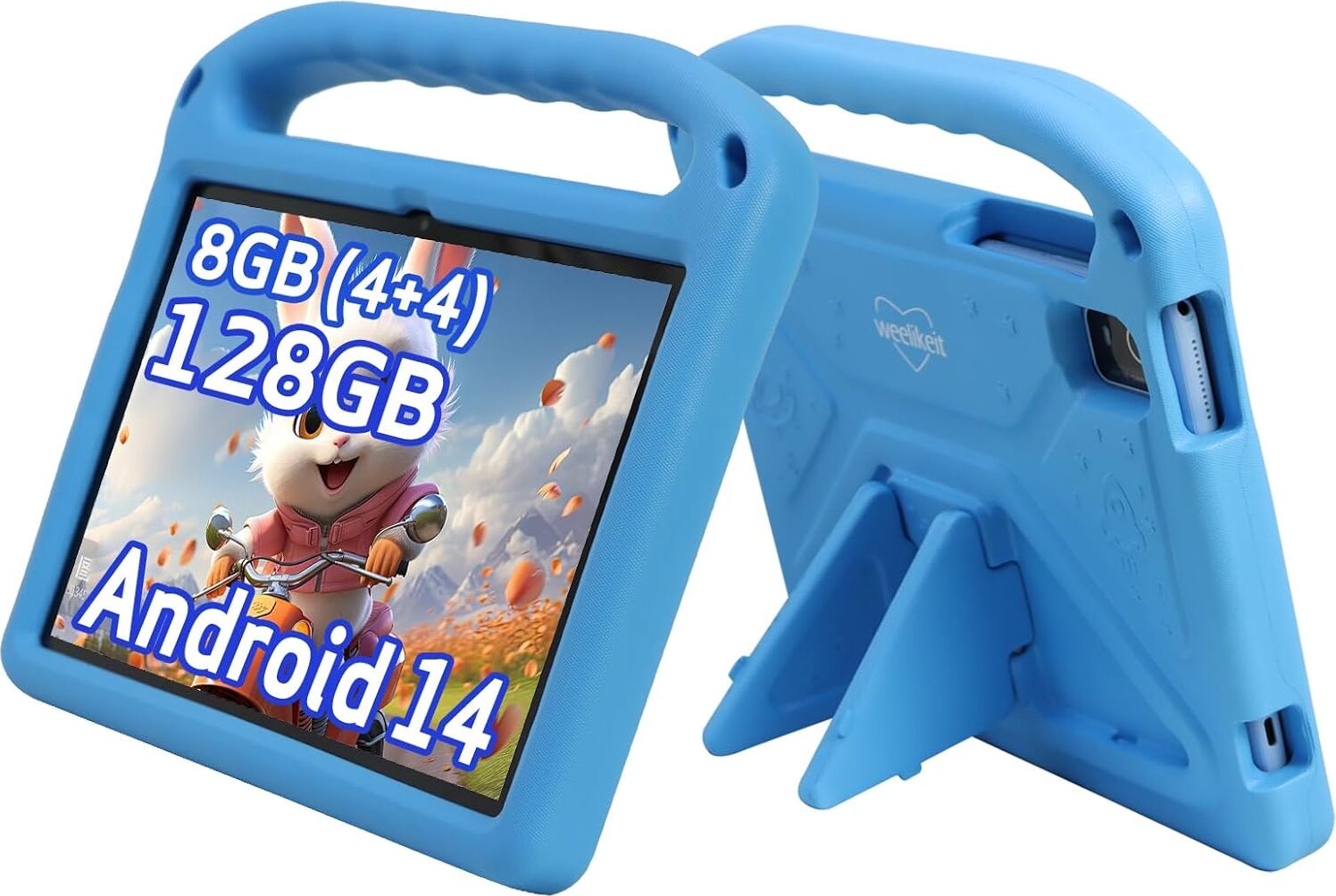 weelikeit 2024 Aktualisiertes Kinder Tablet, 10 Zoll Android 14 Tablet Gehäuse, 8 (4+4) GB RAM 128GB ROM, Bluetooth WiFi, Kindersicherung, HD Bildschirm, 6000mAh Akku, Dual