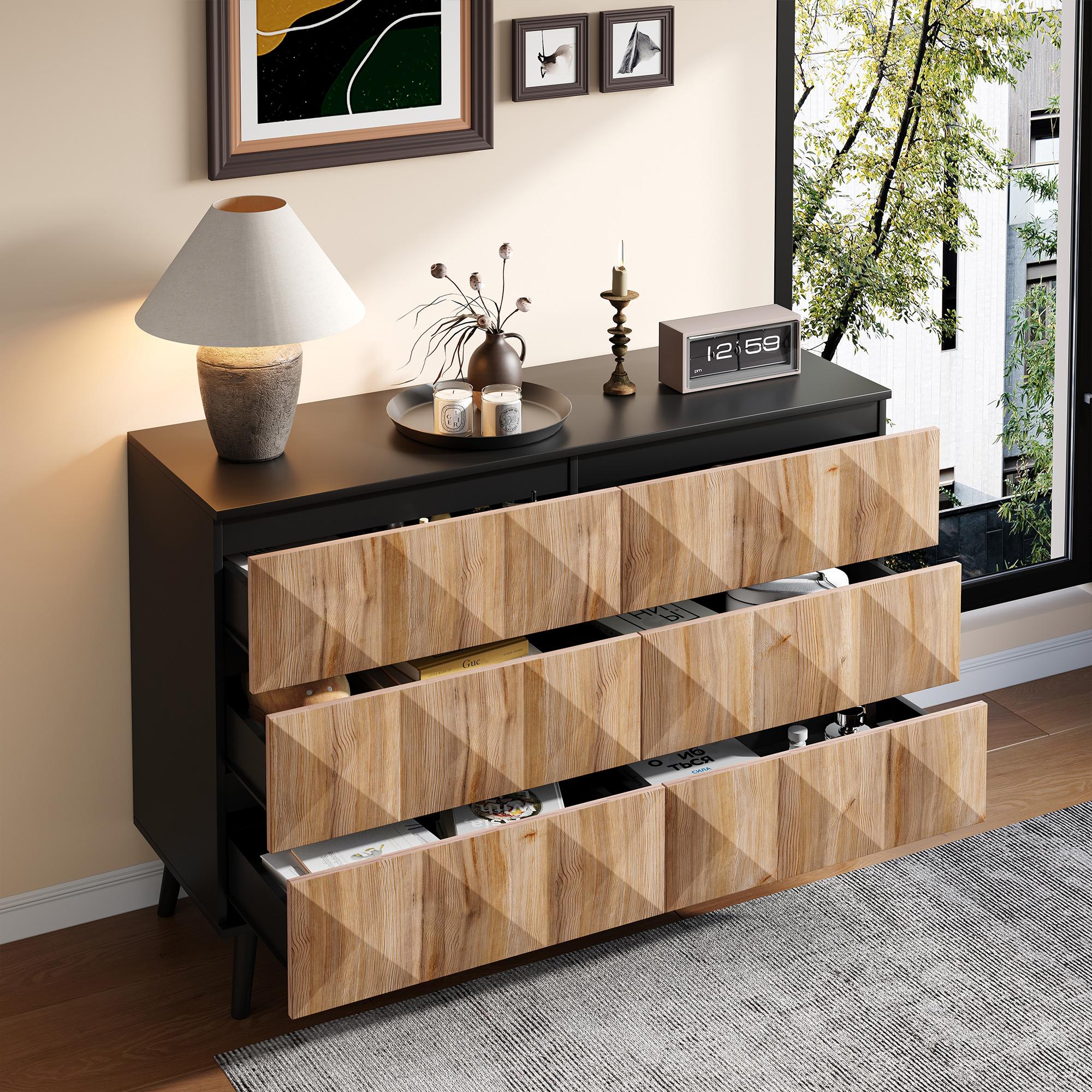 Merax Sideboard mit 6 Schubladen und Erhabene Türen, Industriestil Kommode mit Geometrische Struktur und Stabiler Eisenrahmen, Schwarz + Holz