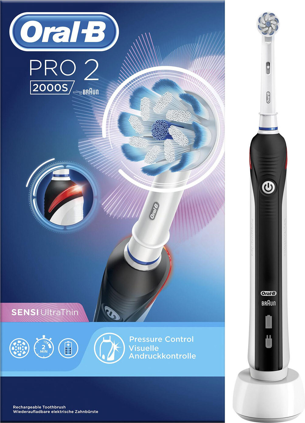 Oral-B PRO 2 2000S Sensi Ultrathin, Dospelý, Rotujúco-oscilačná zubná kefka, Denná starostlivosť, Jemný, Čierna, Biela, 2 min, 30 sec, Nemecko