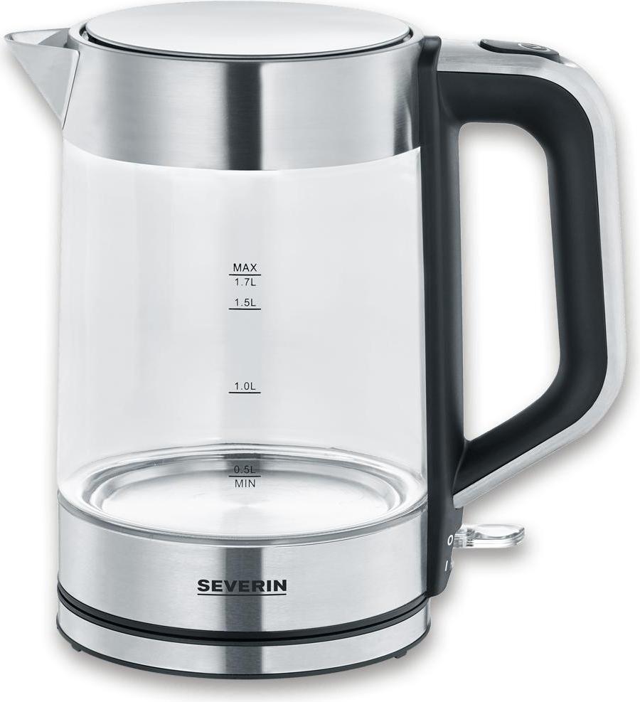 SEVERIN Glas-Wasserkocher WK 3420 aus Edelstahl, gebürstetschwarzsilber Wasserkocher Wasserkocher Mit Temperatureinstellung Wasserkocher Edelstahl Wasserkocher Glas 10003420000