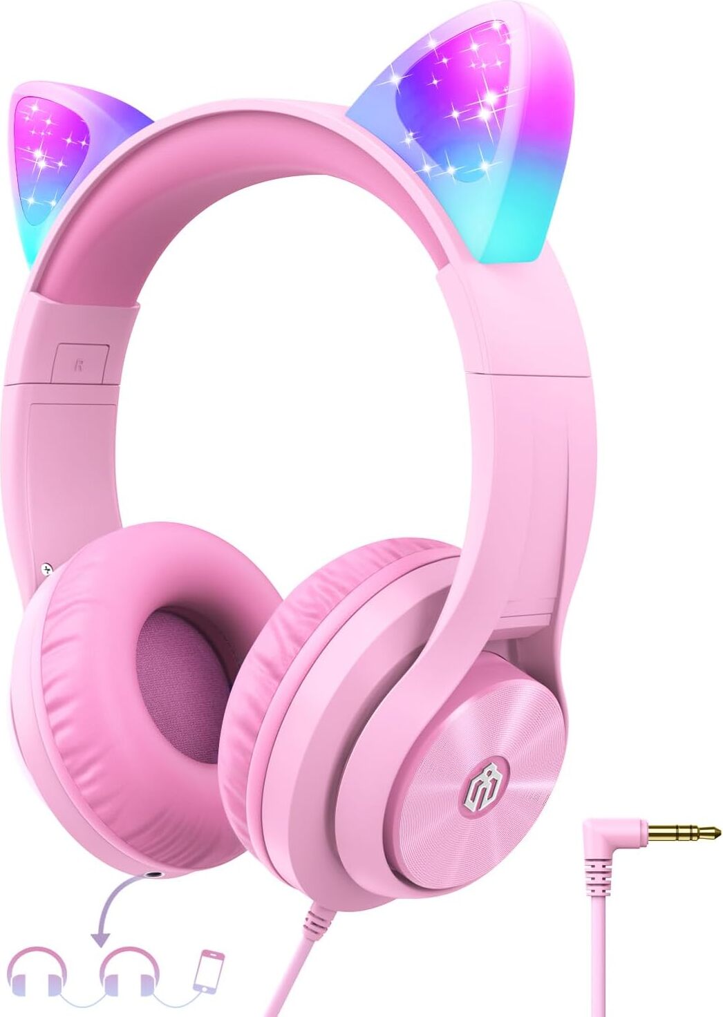 Detské slúchadlá so skladacím dizajnom, mačacie ucho LED svetlo cez uši s limitom hlasitosti 94 dB Skladacie slúchadlá so stereo káblom HD