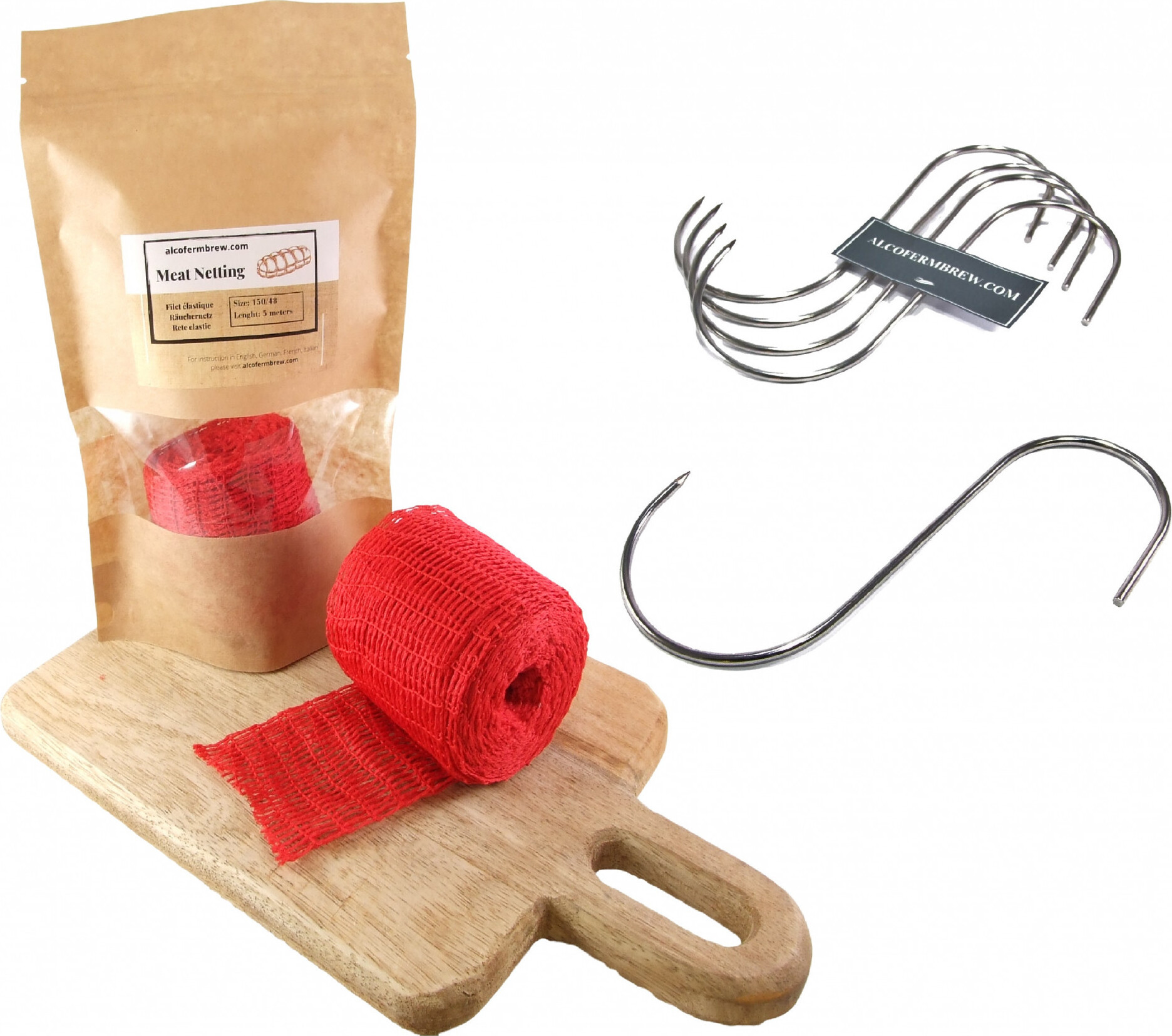 Alcofermbrew Rot Fleischnetz 150mm / 5m + Fleischhaken x 5 - Schinkennetz, Räuchernetz, Fleischhaken
