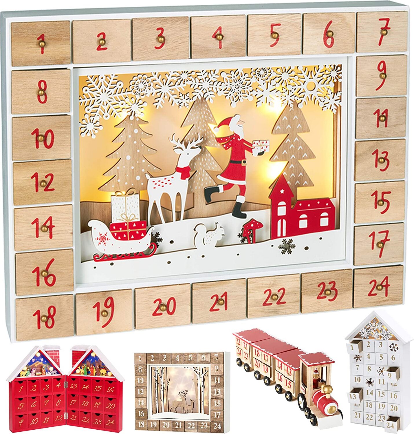 Brubaker Drevený adventný kalendár na opakované použitie - Santa v lese s LED svetlami - DIY vianočný kalendár 35,5 x 6 x 27 cm