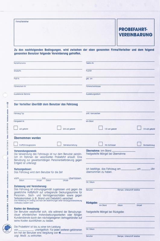 Eichner Organisation Formular Fahrzeugbenutzungsvertrag und Probefahrtvereinbarung, DIN A4, selbstdurchschreibend, 2-fach, Weiß, Verpackungseinheit: 1 BLK/25 9036-00164