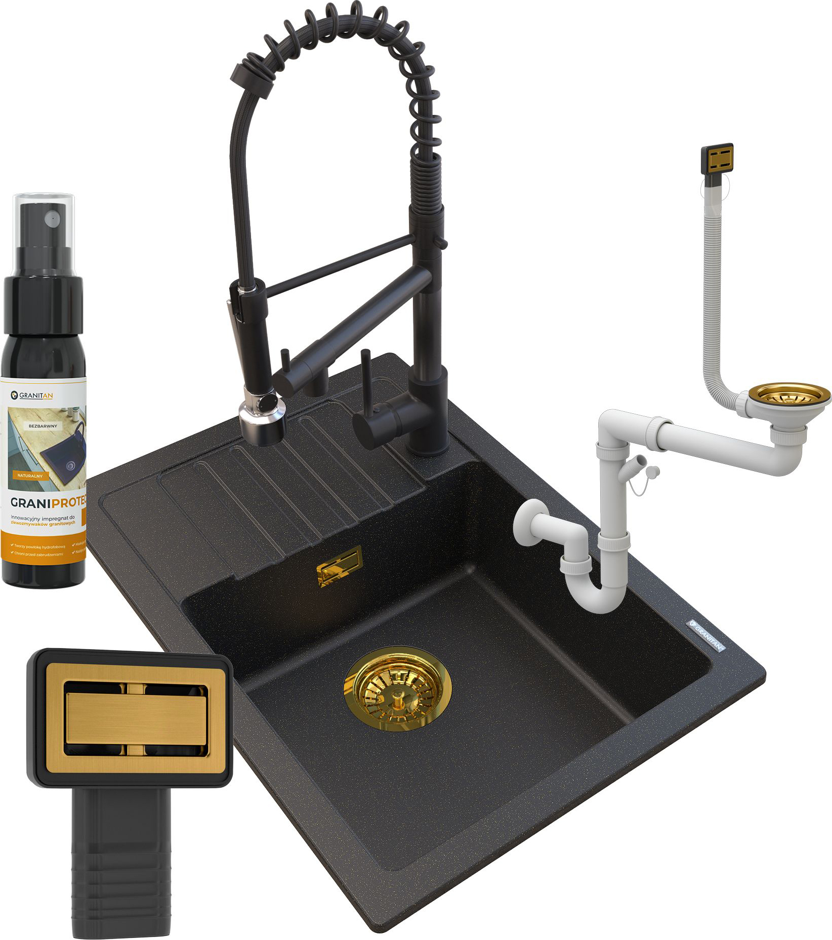Granitar Granitan | Spüle GOLDEN ARGOS - Granit - inklusive Spiralfaucet und Siphon - Hochwertige Qualität ARGOS GOLDEN + SPIRAL DUO