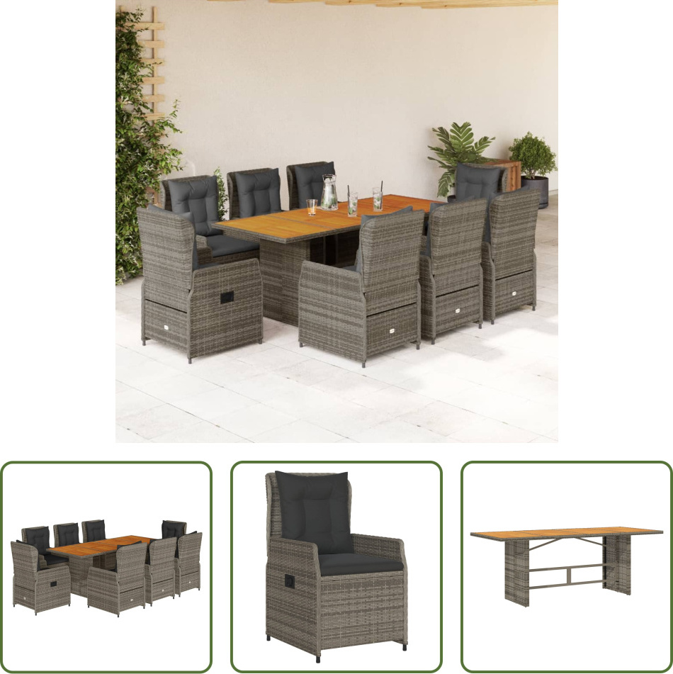 The Living Store 9-dielny záhradný jedálenský set s vankúšmi sivý polyratan