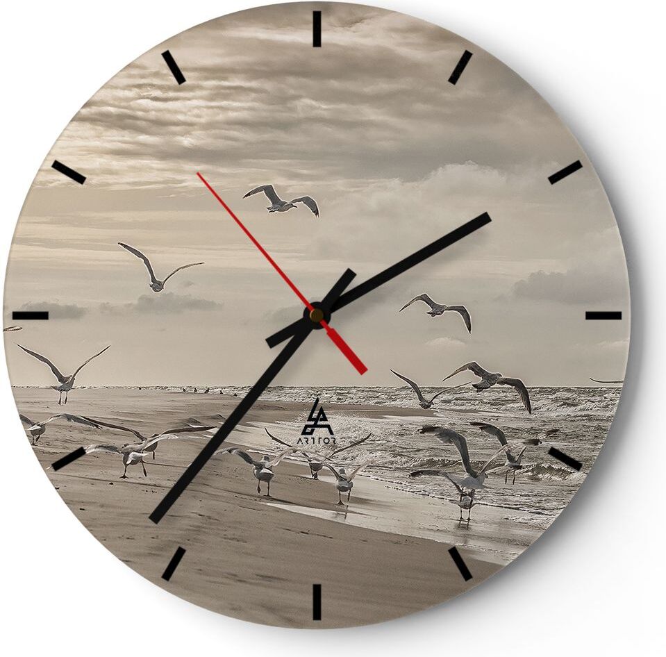 Arttor Wanduhr - Rund - Glasuhr - Möwen Küste Boho - 40x40cm - Schleichendes Uhrwerk - Lautlos - zum Aufhängen bereit - Dekoration Modern - Wanddekoration aus Glas - C3AR40x40-4723