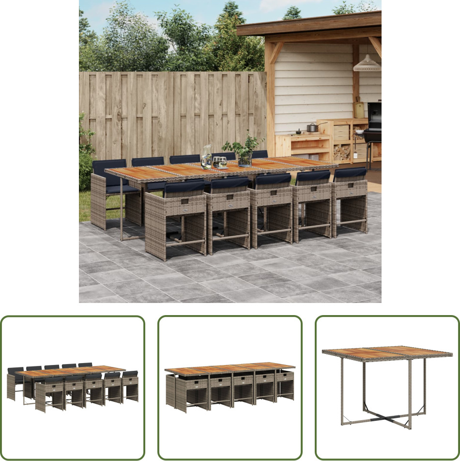 The Living Store 11-dielny záhradný jedálenský set s vankúšmi sivý polyratan