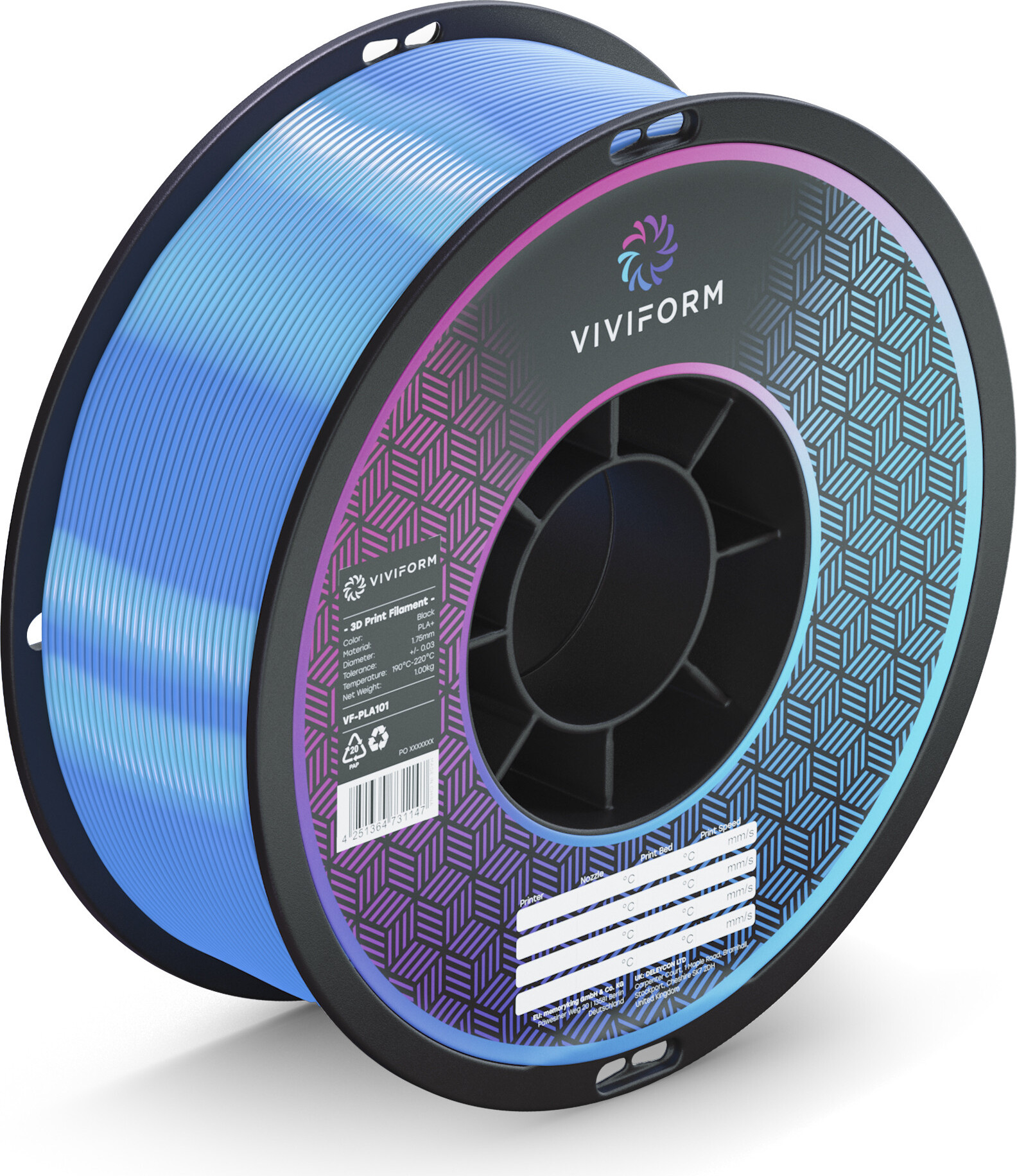 viviform.com Viviform silk PLA Filament für 3D Drucker, 1kg Rolle, Durchmesser 1,75mm +/- 0,03mm, Cyan VF-PLA401